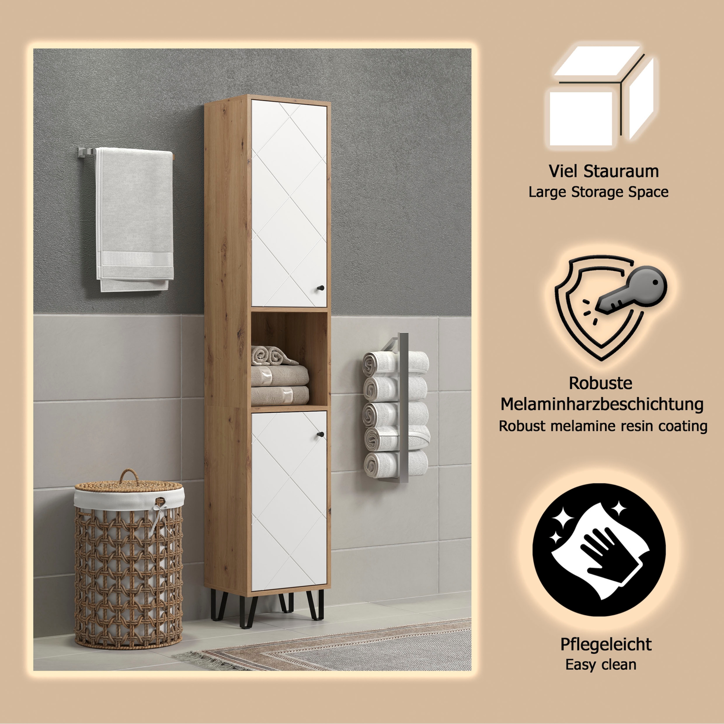 welltime Hochschrank »Tarragona« 1 Stk. tlg. Hochschrank mit 1 Tür & 1 Klappe - (B/T/H) 36/29/191 cm