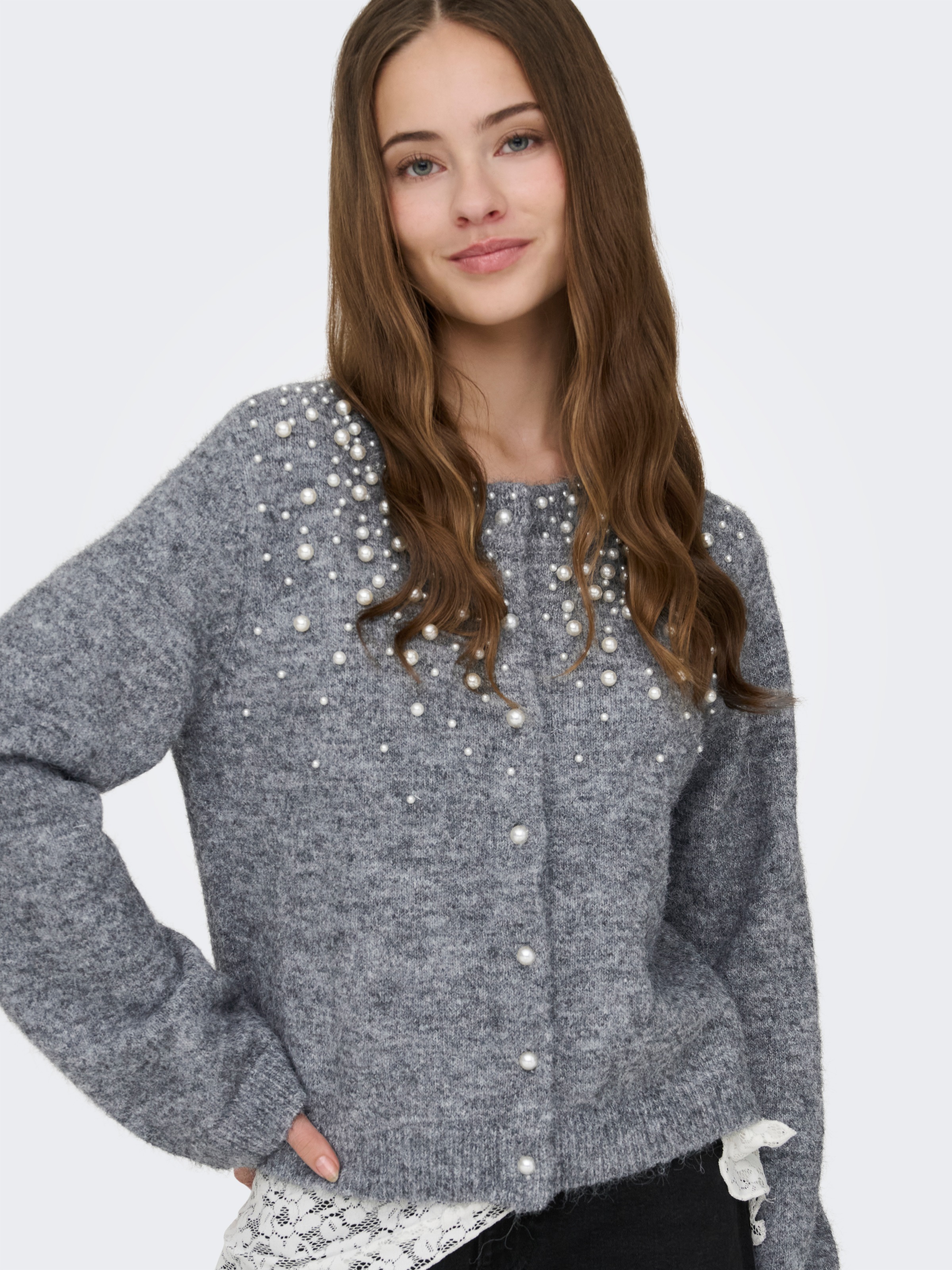 ONLY Veste en tricot »ONLMIGGIE LS O-NECK PEARL CARDIGA EX KNT« Materialmix, regular fit