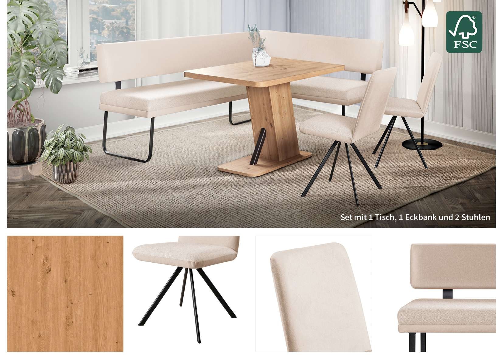 GOODproduct Ensemble de bancs d'angle »Gabi Essecke, Sitzgruppe, Eckbankgruppe, Küchenbankgruppe« Set, 4tlg, 4 pièces tlg. Gestell aus matt-schwarzem Flachmetall, stabil, 2-Stoff-Design
