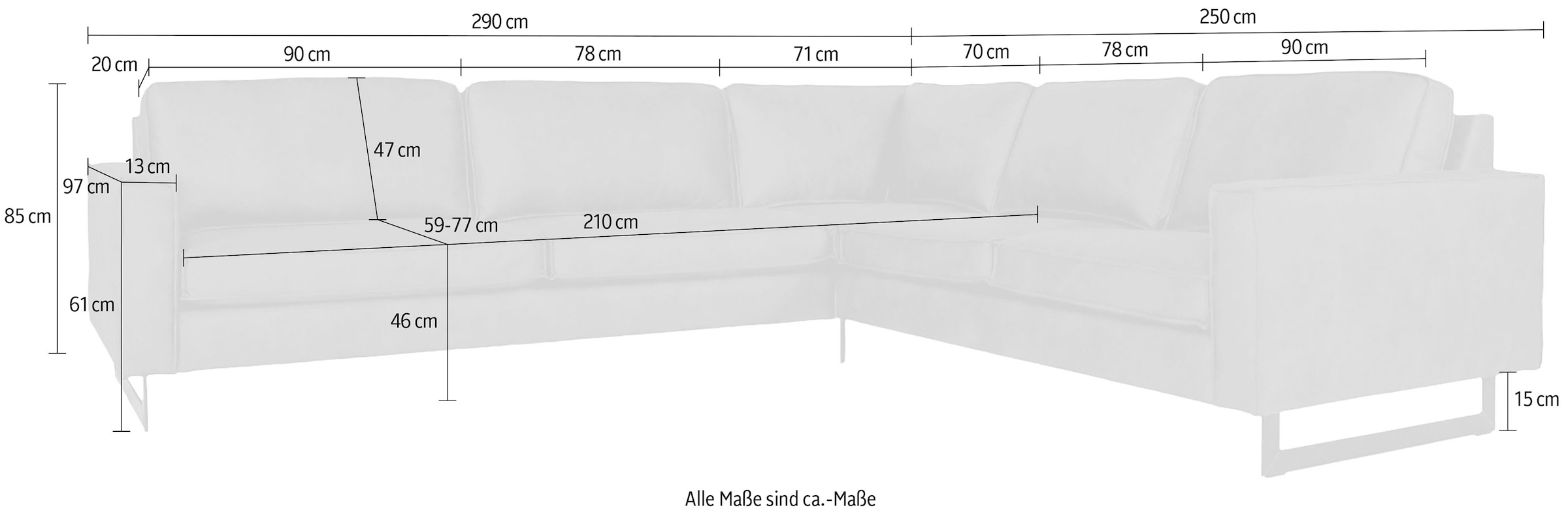 GOODproduct Canapé d'angle »Pinto, XXL, 250/290 cm, langer Schenkel, Ottomane« velours côtelé, chenille, aspect cuir, avec passepoil, pieds en métal, suspension ondulée