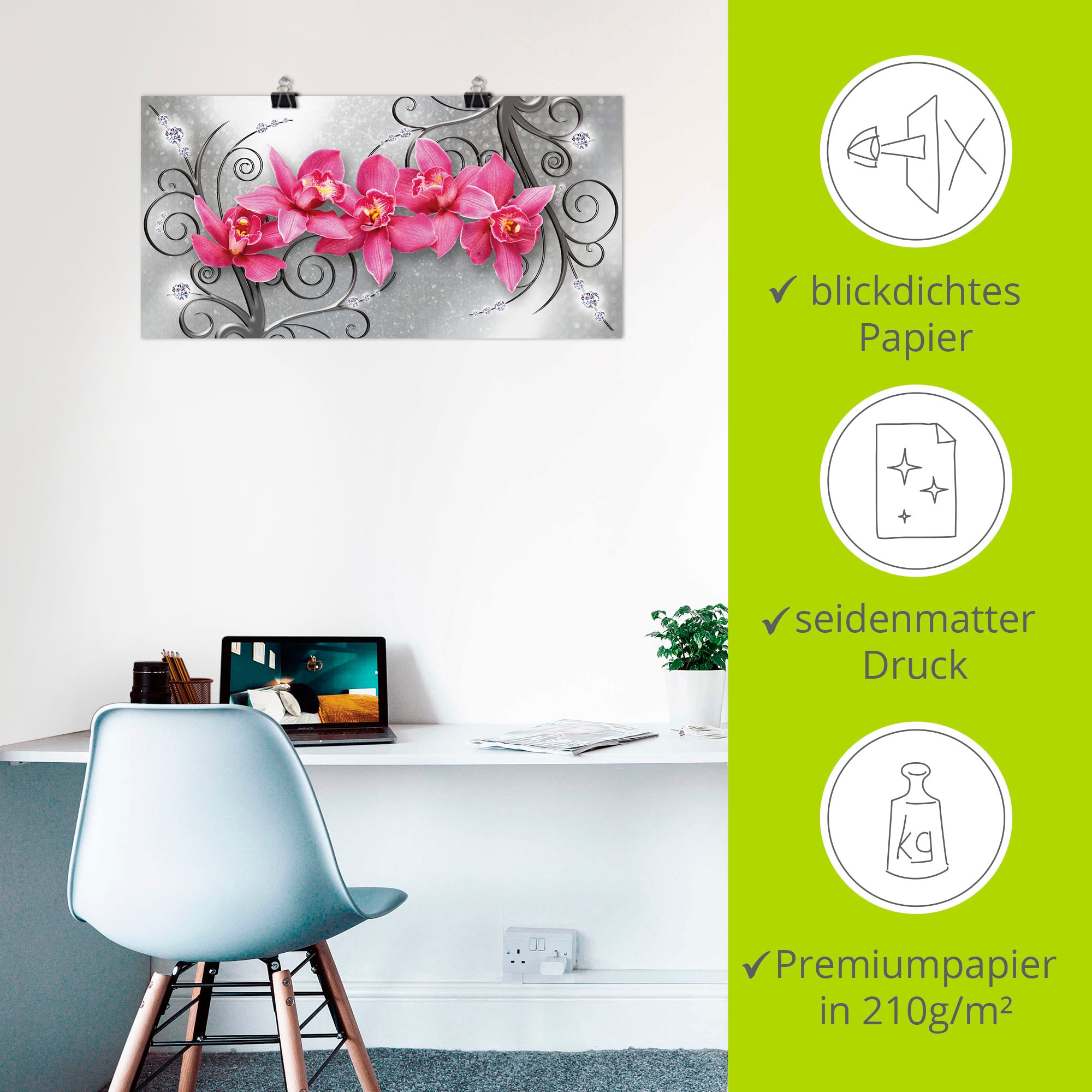 Artland Fresque murale »rosa Orchideen auf Ornamenten« 1 cuis tlg. als Alubild, Outdoorbild, Leinwandbild, Poster, Wandaufkleber