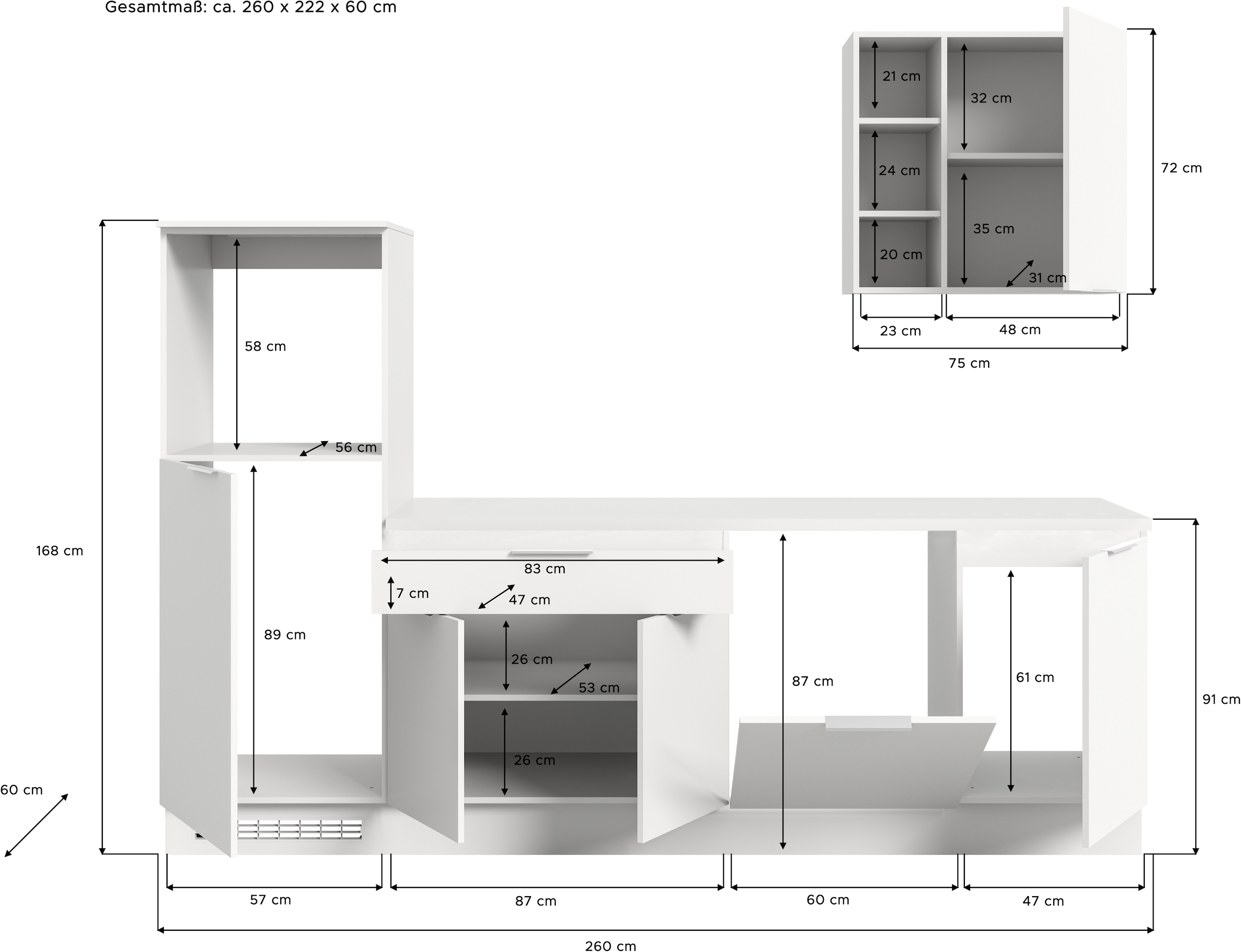 KOCHSTATION Kitchenette »KS-Lulea« Breite 260 cm, ohne E-Geräte, mit 3 cm starker Arbeitsplatte