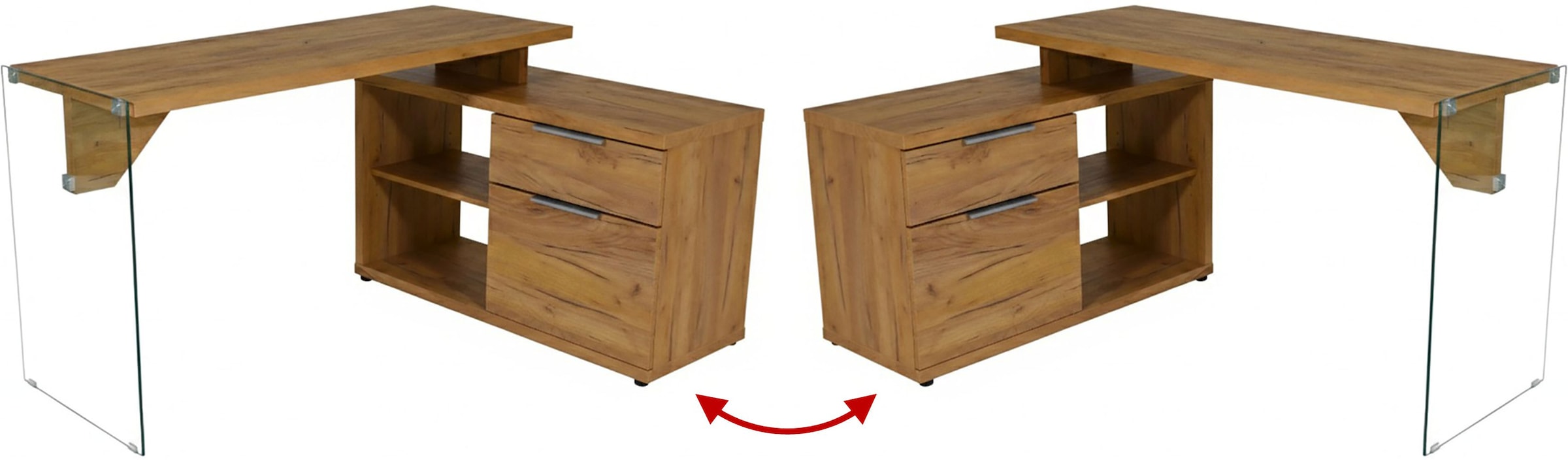 Jahnke Bureau d'angle »LUX C 135 E« bureau d'angle, montage réversible, verre, 1 tiroir et 2 compartiments