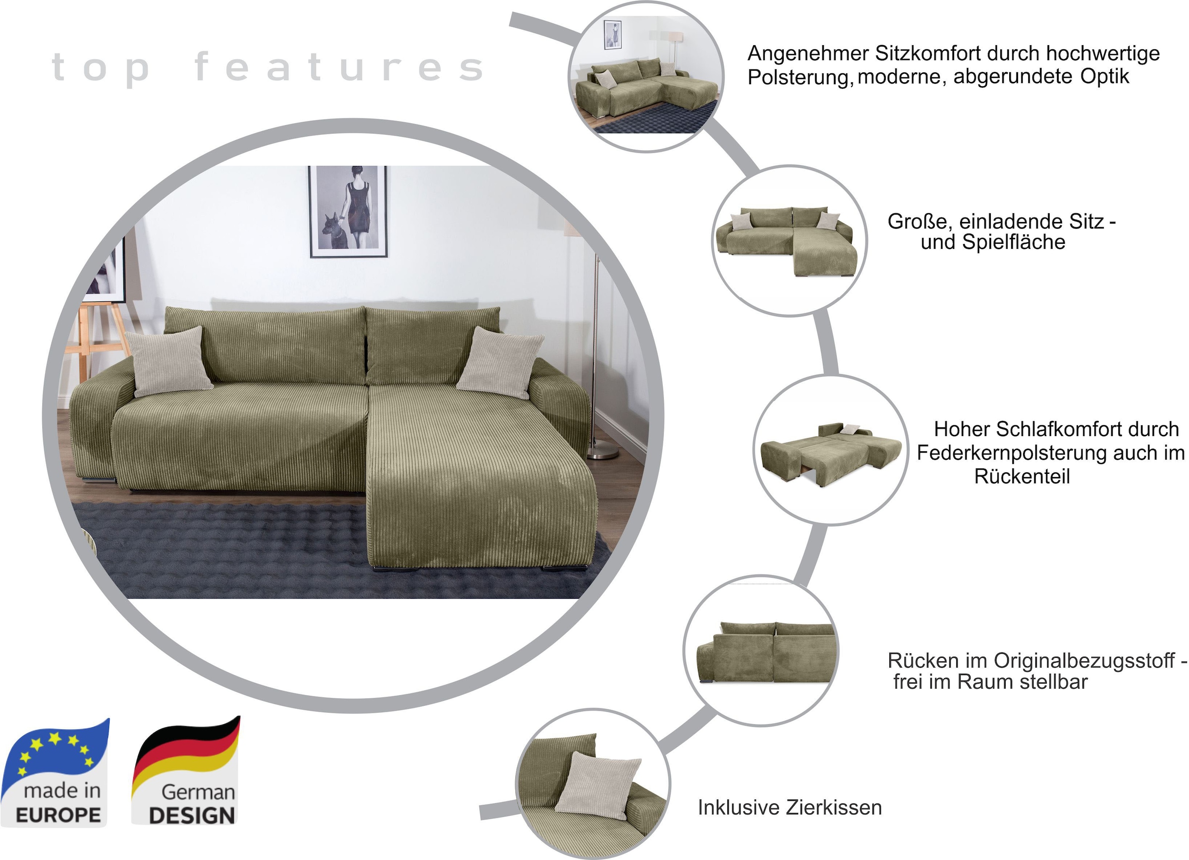 COLLECTION AB Ecksofa »Pia, L-Form, Breite 237 cm,  mit Schlaffunktion« inkl. Bettfunktion und Bettkasten