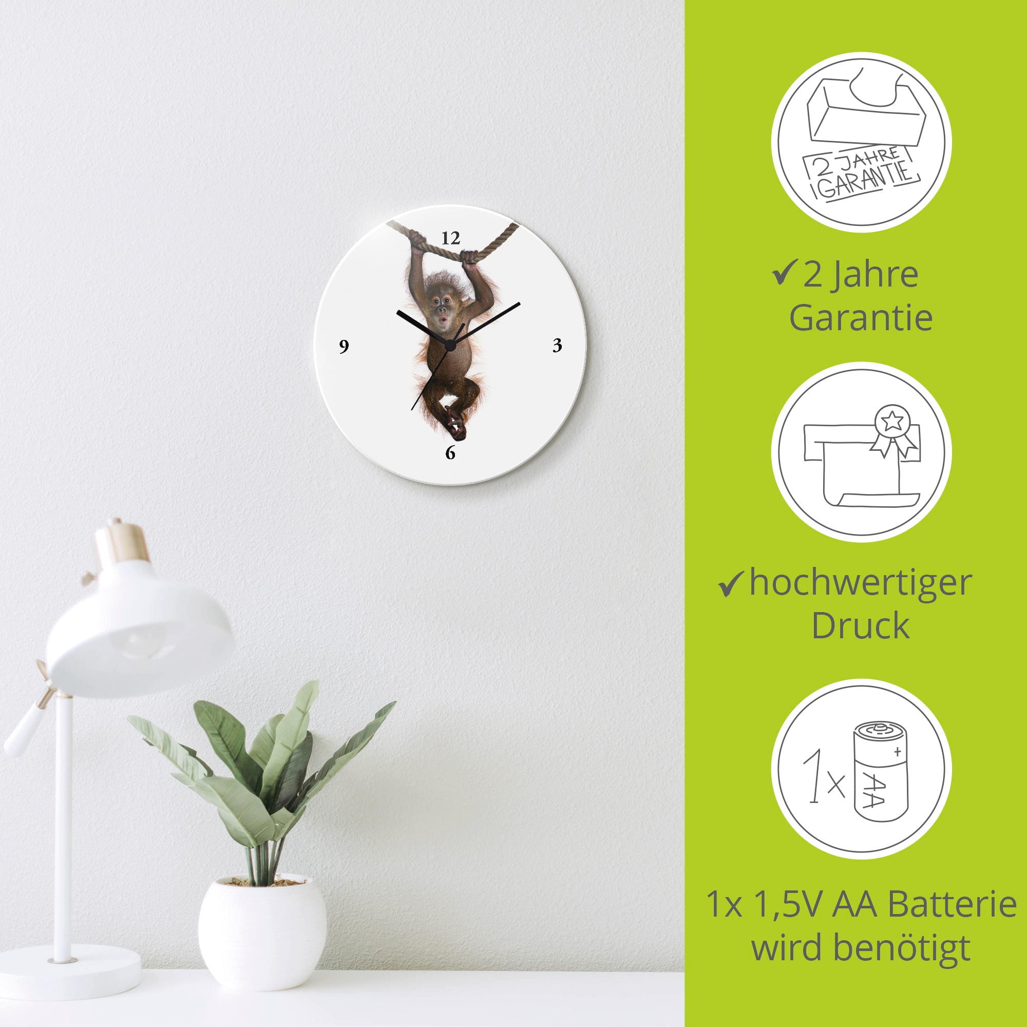 Artland Wanduhr »Baby Sumatra Orang Utan hängt an Seil« wahlweise mit  Quarz- oder Funkuhrwerk, lautlos ohne Tickgeräusche