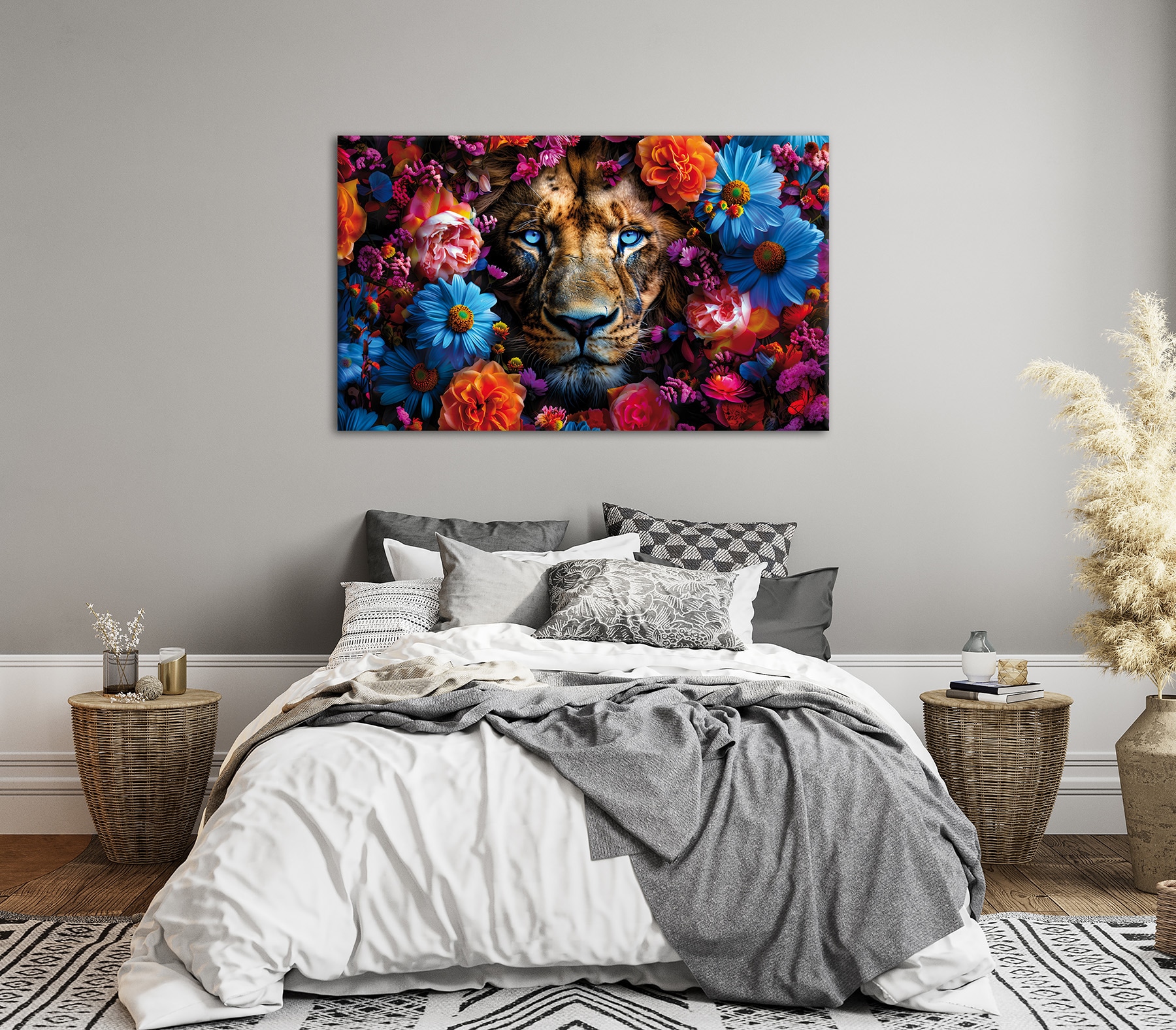 Bönninghoff Tableau sur toile »Wandbild LÖWE MIT BLUMEN XXL 90x150 cm – Leinwandbild Keilrahmen Deko« Fleurs | Félins | Tigre 1 cuis tlg. tendu sur châssis