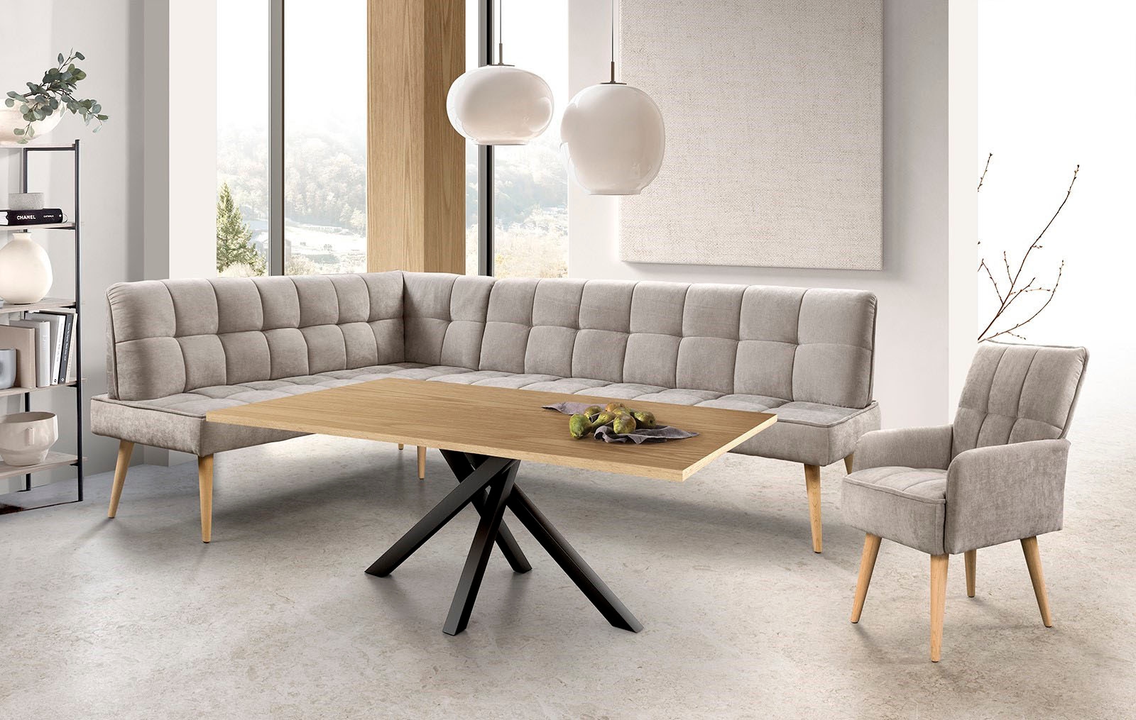 exxpo - sofa fashion Banc d'angle »Latte« couture moderne siège et dossier, confortable et élégant, pied en bois haut