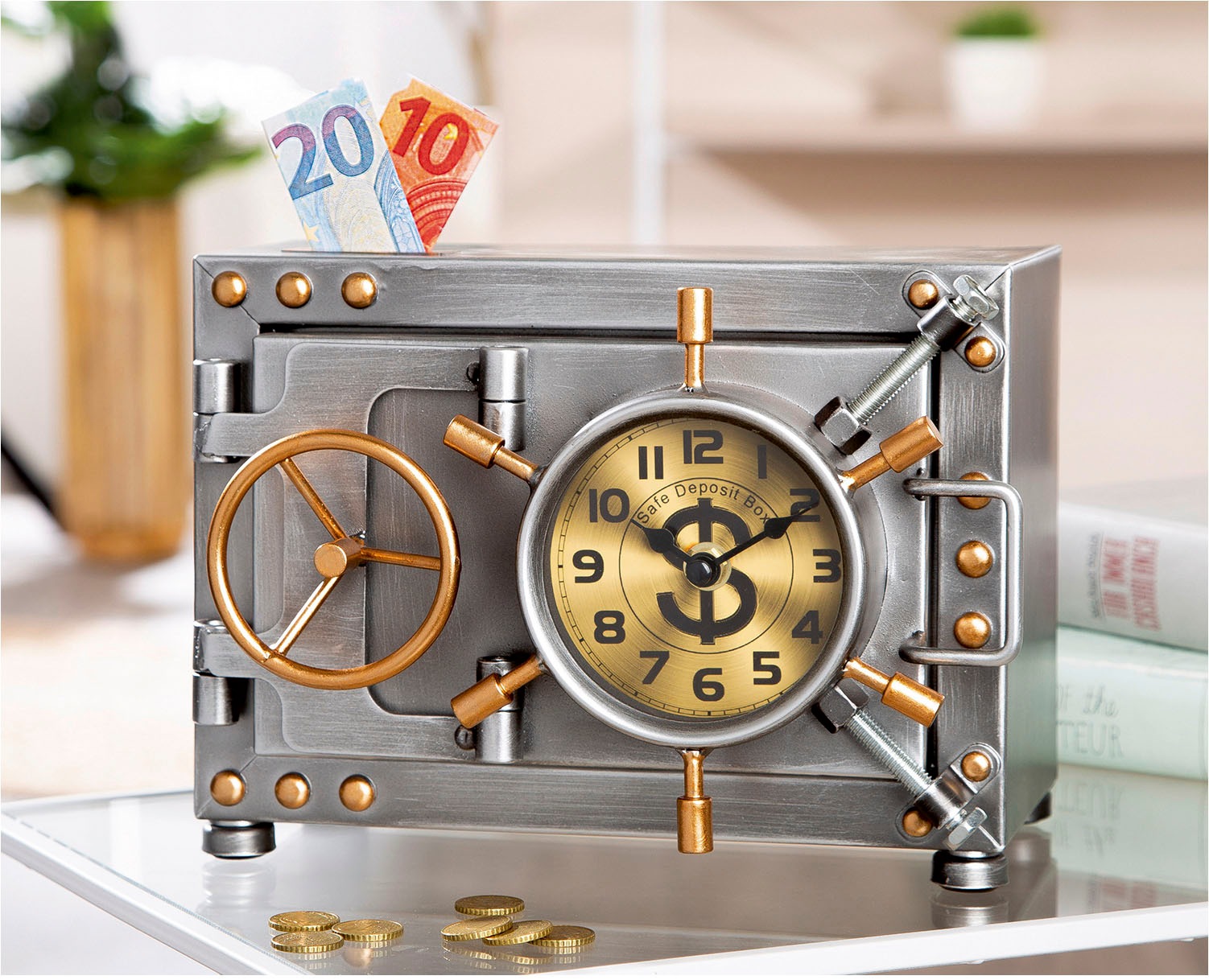 Casablanca by Gilde Horloge de table »Tischuhr/Spardose Tresor  silberfarben H. 17,5 cm«