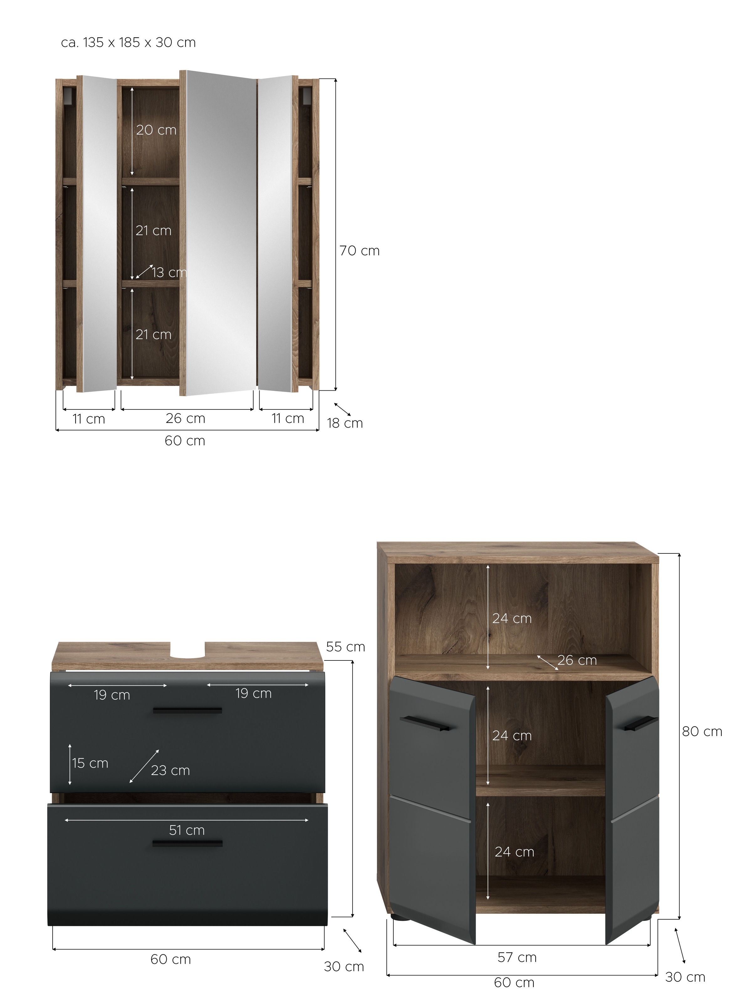 welltime Badmöbel-Set »FLORENZ,  3-teilige Badkombination, hochwertige MDF-Front« Set, best. aus: Waschbeckenunterschrank, Spiegelschrank, Midischrank breit, 3 Stk. tlg.