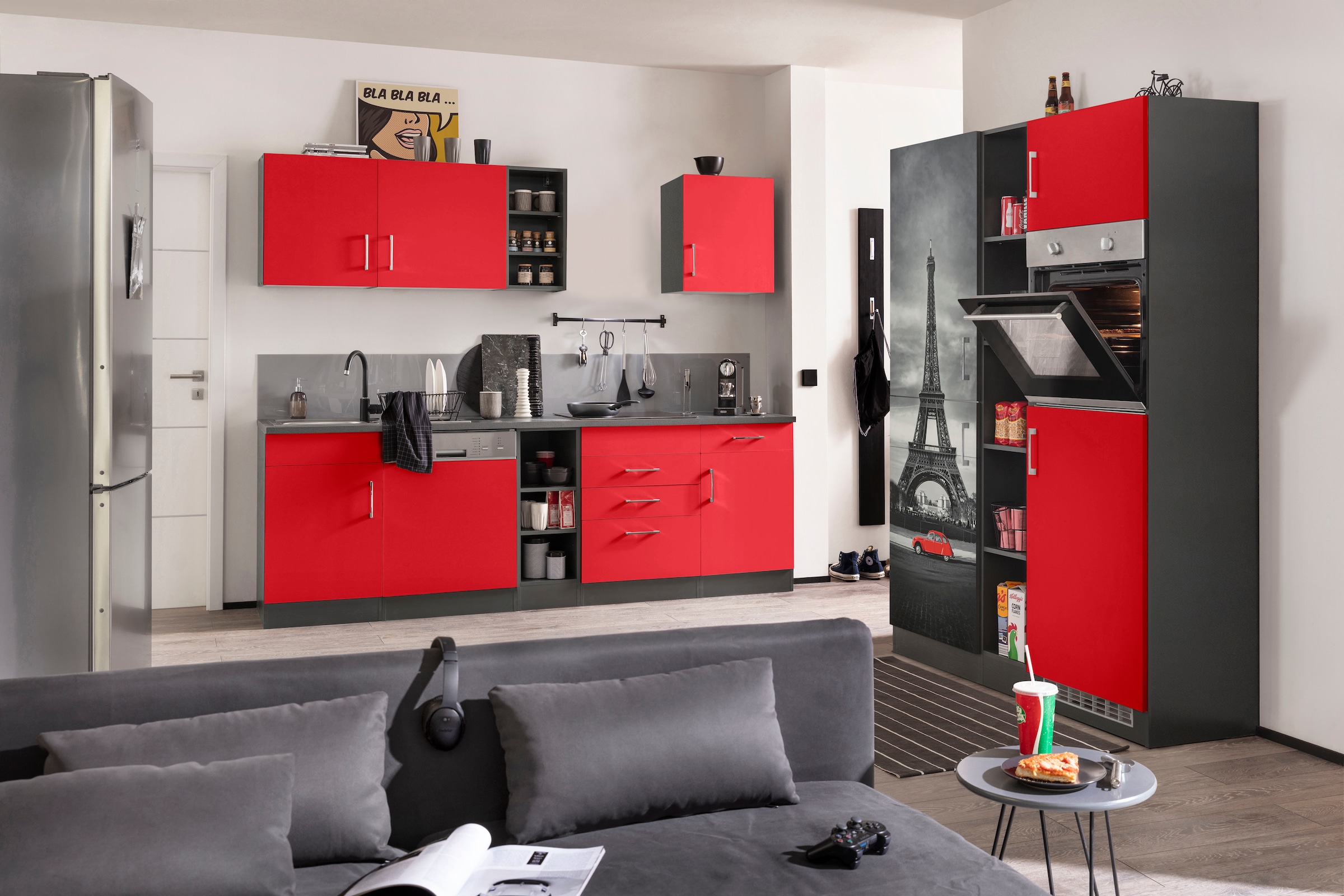 KOCHSTATION Kitchenette »KS-Paris – Küchen mit einzigartigen Fotomotiven auf den Fronten« largeur 400 cm, au choix avec appareils électriques et induction