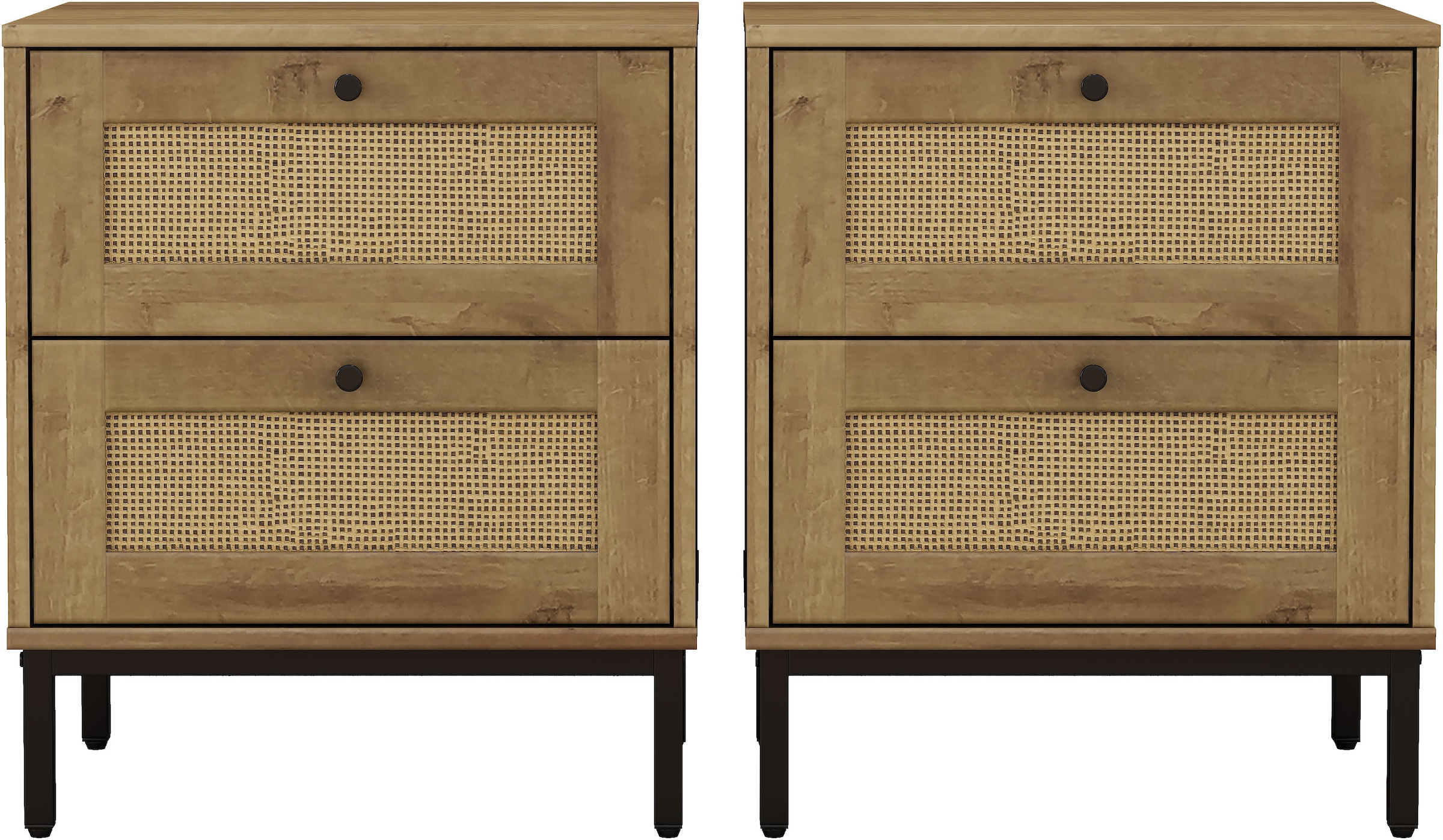 GOODproduct Nachtkommode »Motala Schlafzimmerschrank Garderobe Boho Eichen-Design« Set, 2 Schränke im Set - Eichen-Design mit schwarzen Griffen,  Nachttisch Set mit je 2 Schubladen mit wiener Geflecht optik