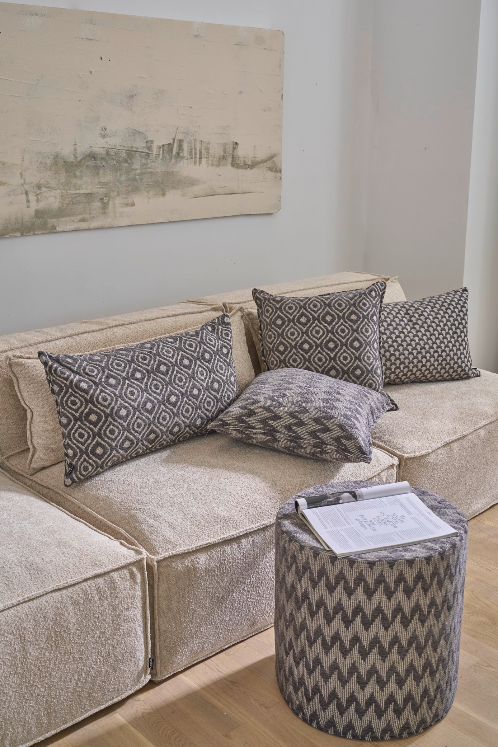 H.O.C.K. Coussin décoratif »Svantje« coussin de canapé avec rembourrage, 70x40cm, coussin déco, zigzag, blanc, beige