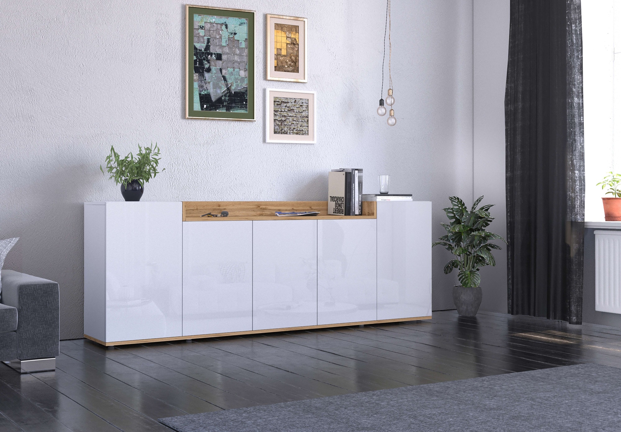 GOODproduct Sideboard »BOLSENA, Kommode, Schrank,Lowboard mit 8 Fächer und offenes Ablagefach« 1 Stk. tlg. Breite 200 cm,stehend/hängend,Fronten Hochglanz lackiert,Made in Italy