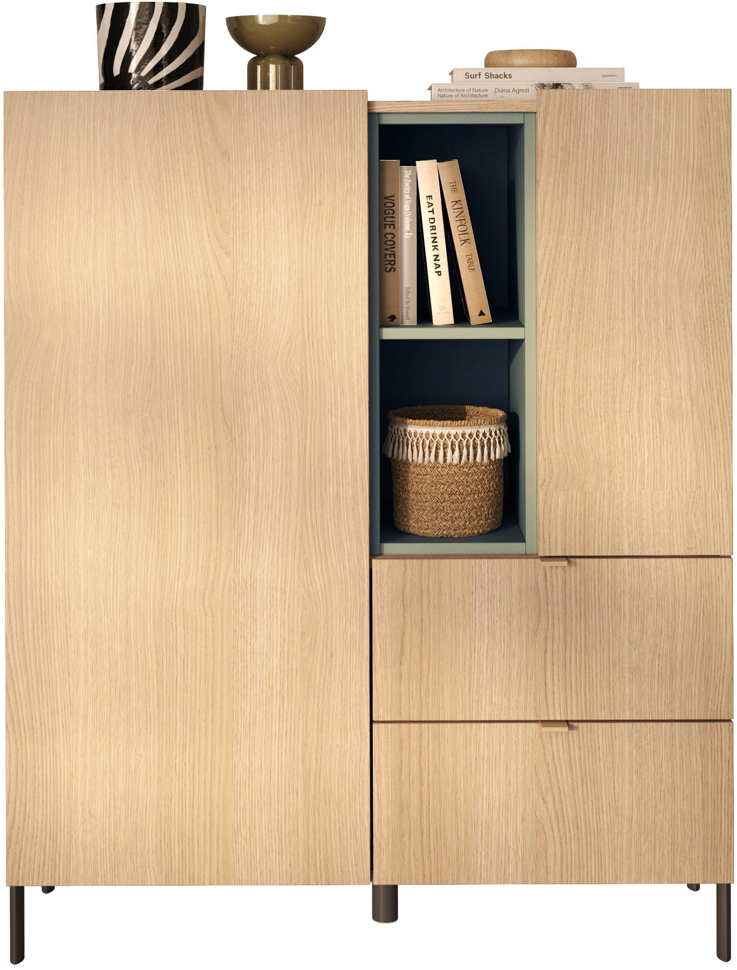 GOODproduct Buffet haut »Badia, B/H 101/124 cm, 2 Türen, 2 Schubkästen, Stauraumschrank« Top intégré, pieds métalliques droits, accents de couleur sauge