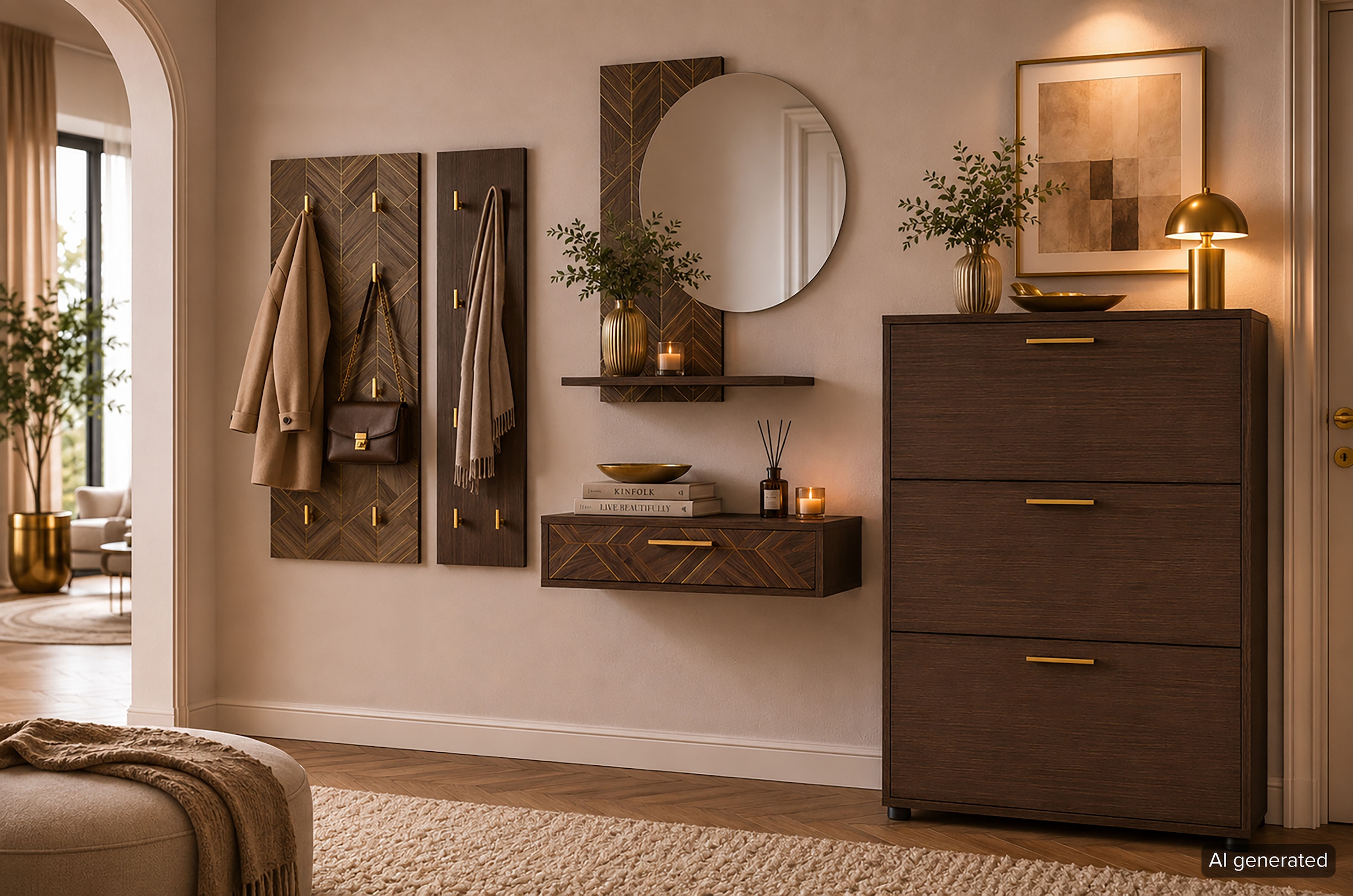 Schildmeyer Panneau de vestiaire »Glenn Hakenpaneel 490 nussbaum  ArtDeco« 1 cuis tlg. Design Art déco en noyer avec des accents dorés élégants, fabriqué en Allemagne