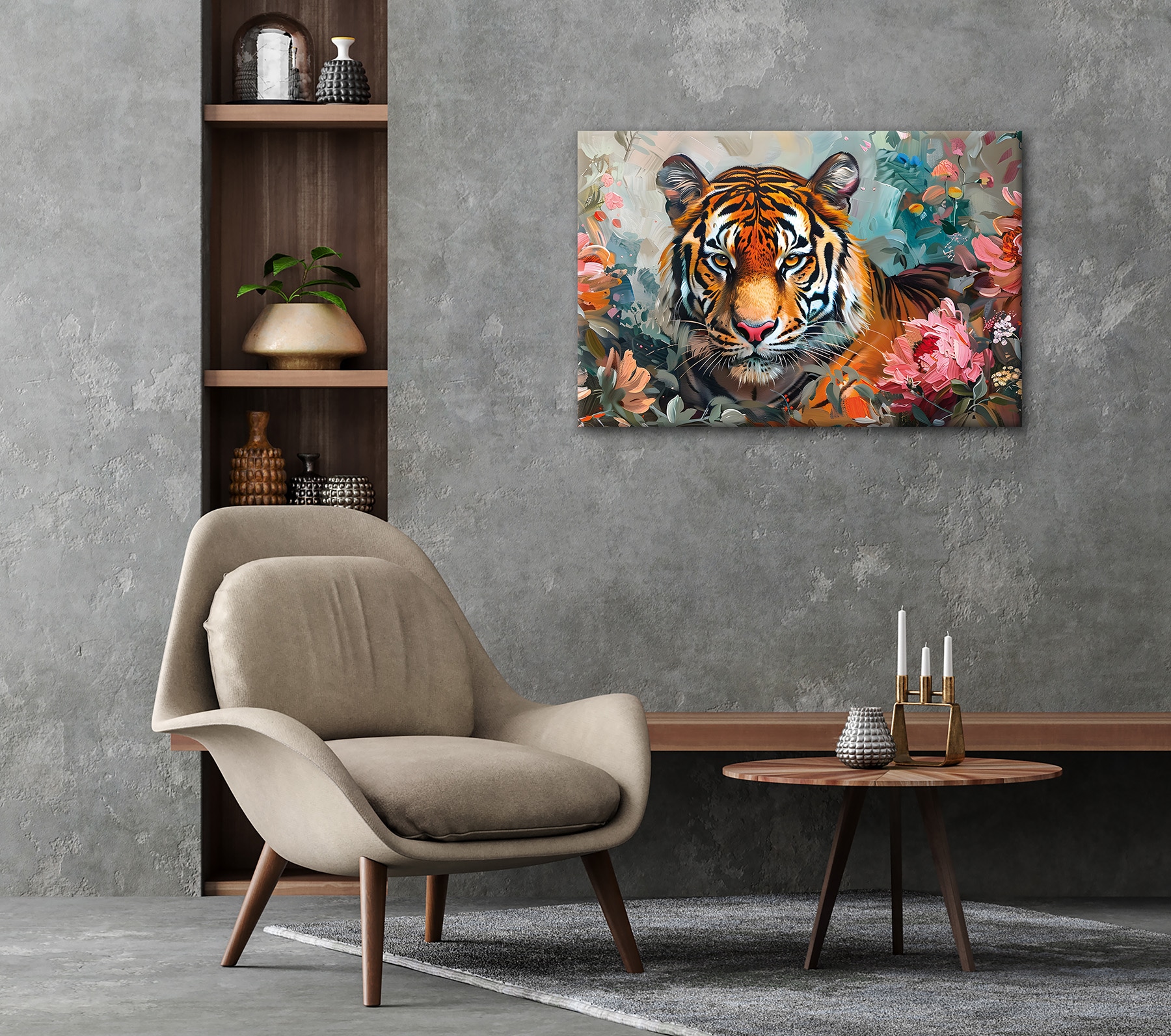 Bönninghoff Tableau sur toile »Wandbild TIGER GEMÄLDE 60x90 cm – Leinwandbild Keilrahmen Deko modern« Animaux | Fleurs | Félins | Images de fleurs | Tigre 1 cuis tlg. tendu sur châssis