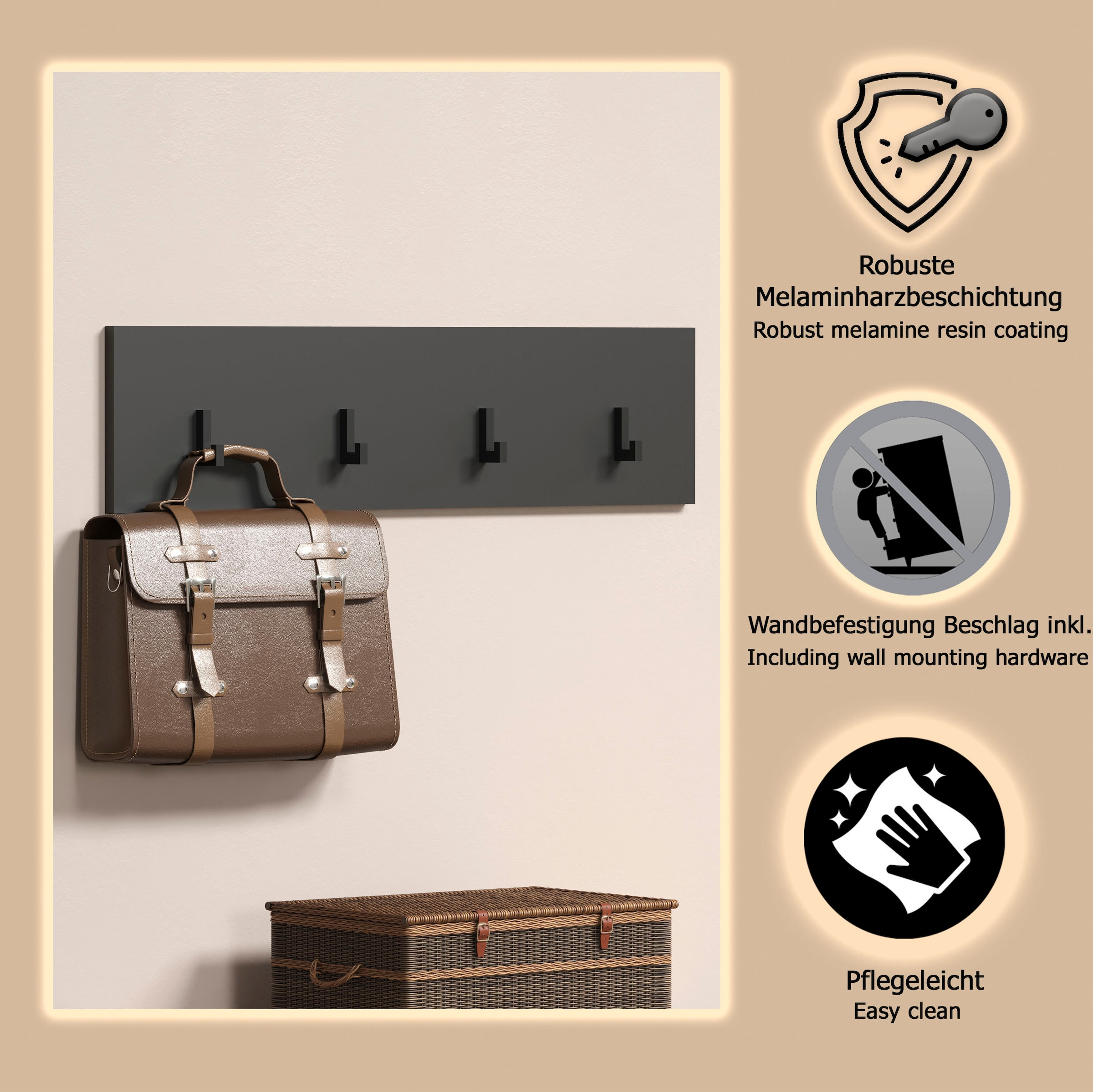 Home affaire Barre de penderie »Estepona« Wandpaneel mit 4 Kleiderhaken – (B/T/H) 80/2/20 cm