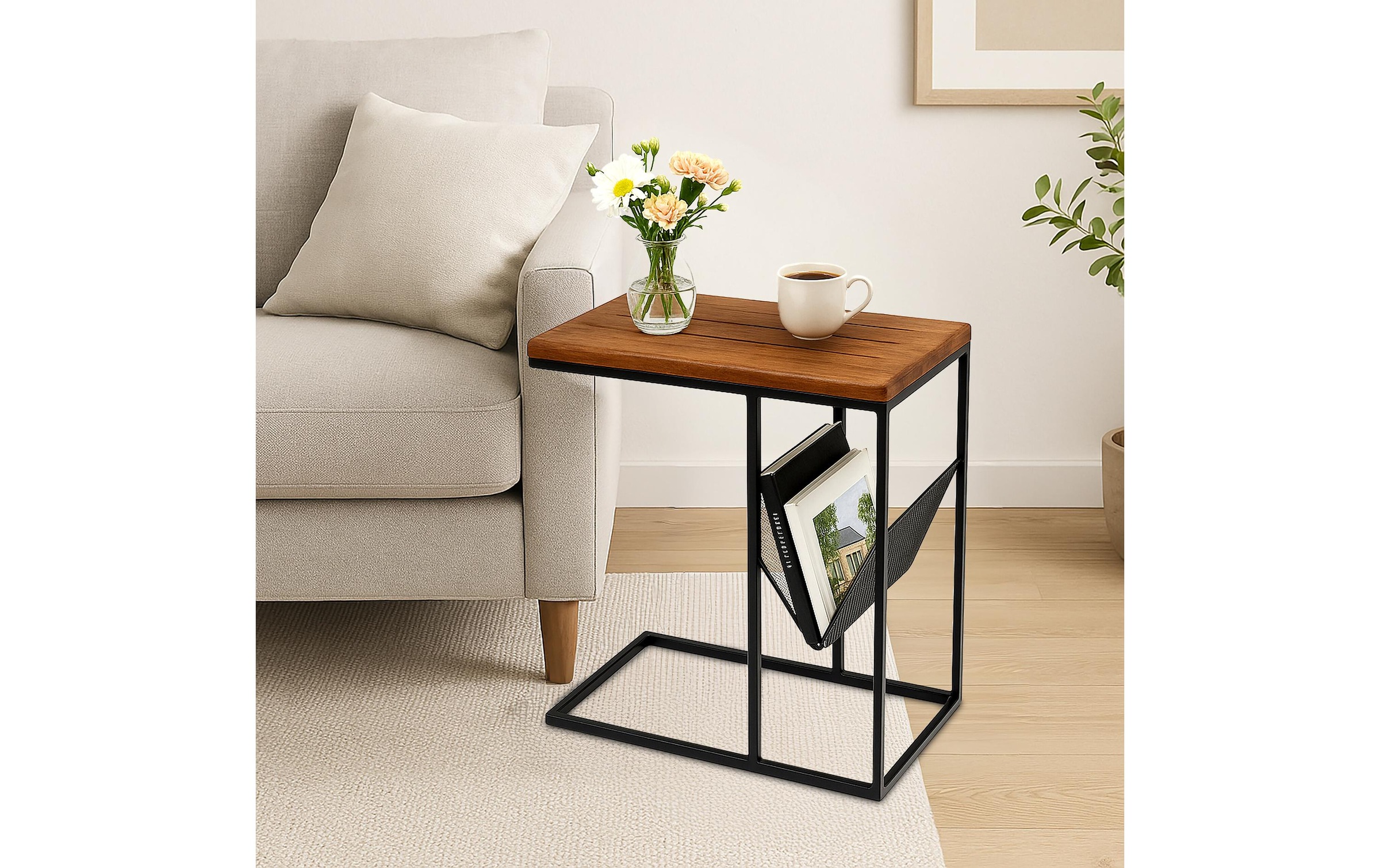 relaxdays Beistelltisch »in C-Form 63 x 30 cm« Couchtisch mit Zeitungsablage aus Mango Holz