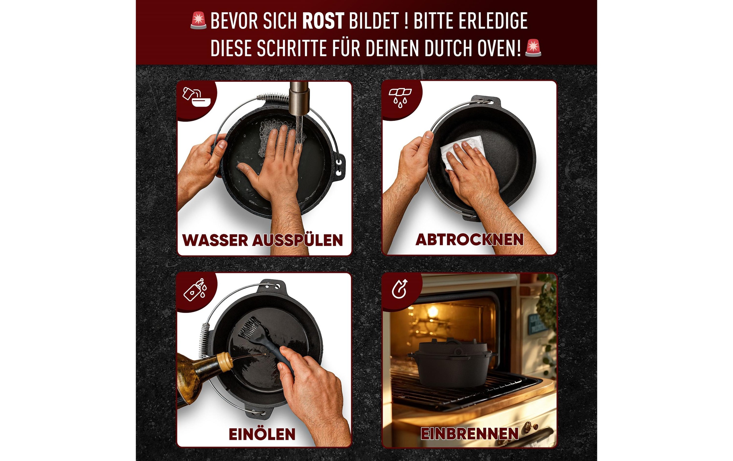   Grilltopf »Gusskoenig Dutch Oven Set 4,5 l mit Deckelheber, Bürste« Gusseisen Set mit 2in1 Deckelheber und Reinigungsbürste