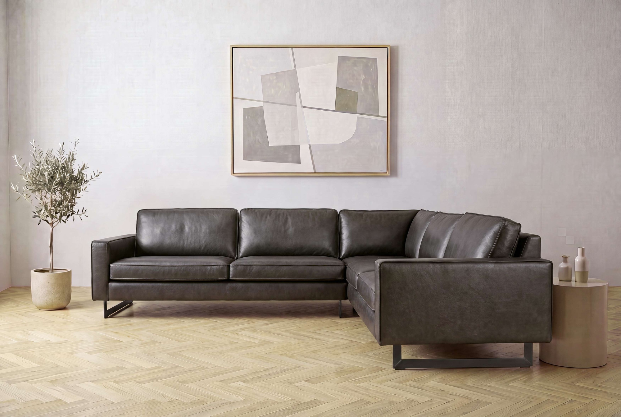GOODproduct Canapé d'angle »Pinto, XXL, 250/290 cm, langer Schenkel, Ottomane« velours côtelé, chenille, aspect cuir, avec passepoil, pieds en métal, suspension ondulée