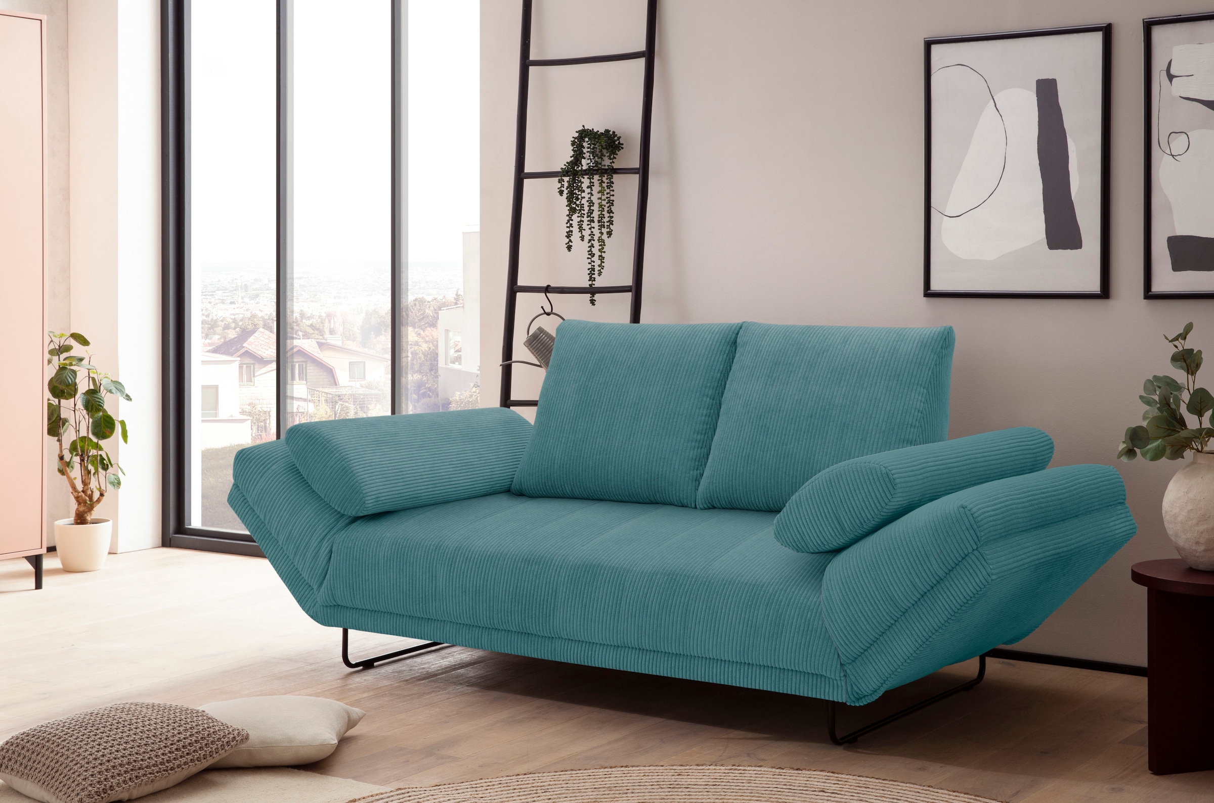 Home affaire Schlafsofa »Jadelyn mit klappbaren Armlehnen, Bettsofa mit Federkern, Breite 250cm« Federkern, Cord-Bezug, incl. 2 Armlehnkissen, Liegefläche 97x250 cm