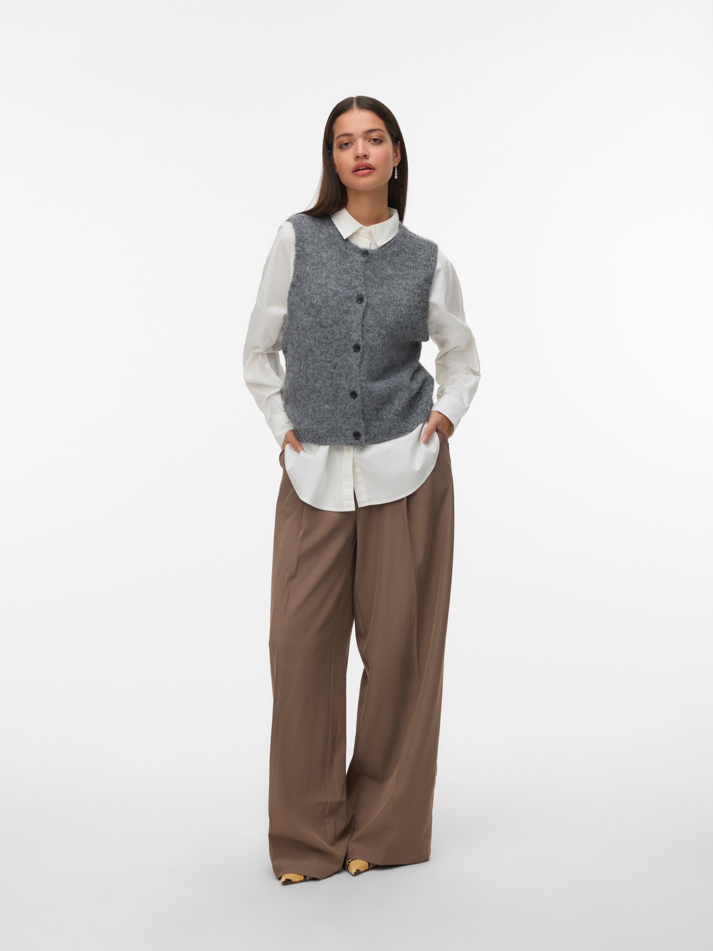 Vero Moda Strickweste »VMNOVAH SL O-NECK BUTTON VEST NOOS« Materialmix, loose fit