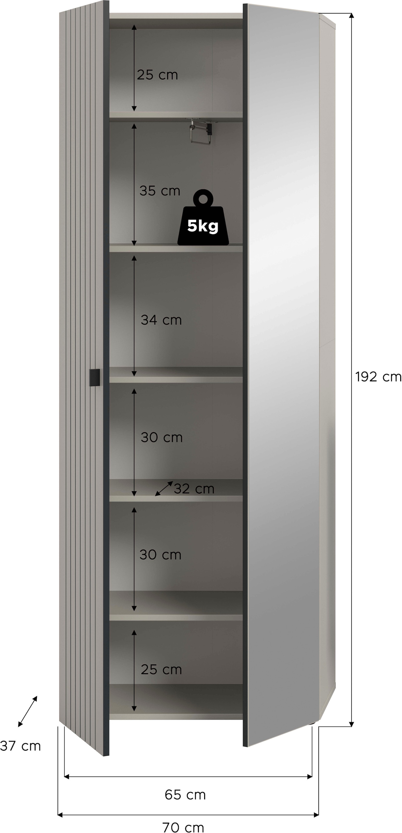 Home affaire Armoire vestiaire »TATIO, Höhe 192 cm, Rillenoptik, Spiegeltür« 1 cuis tlg. Garderobenschrank, Flurschrank, Dielenschrank