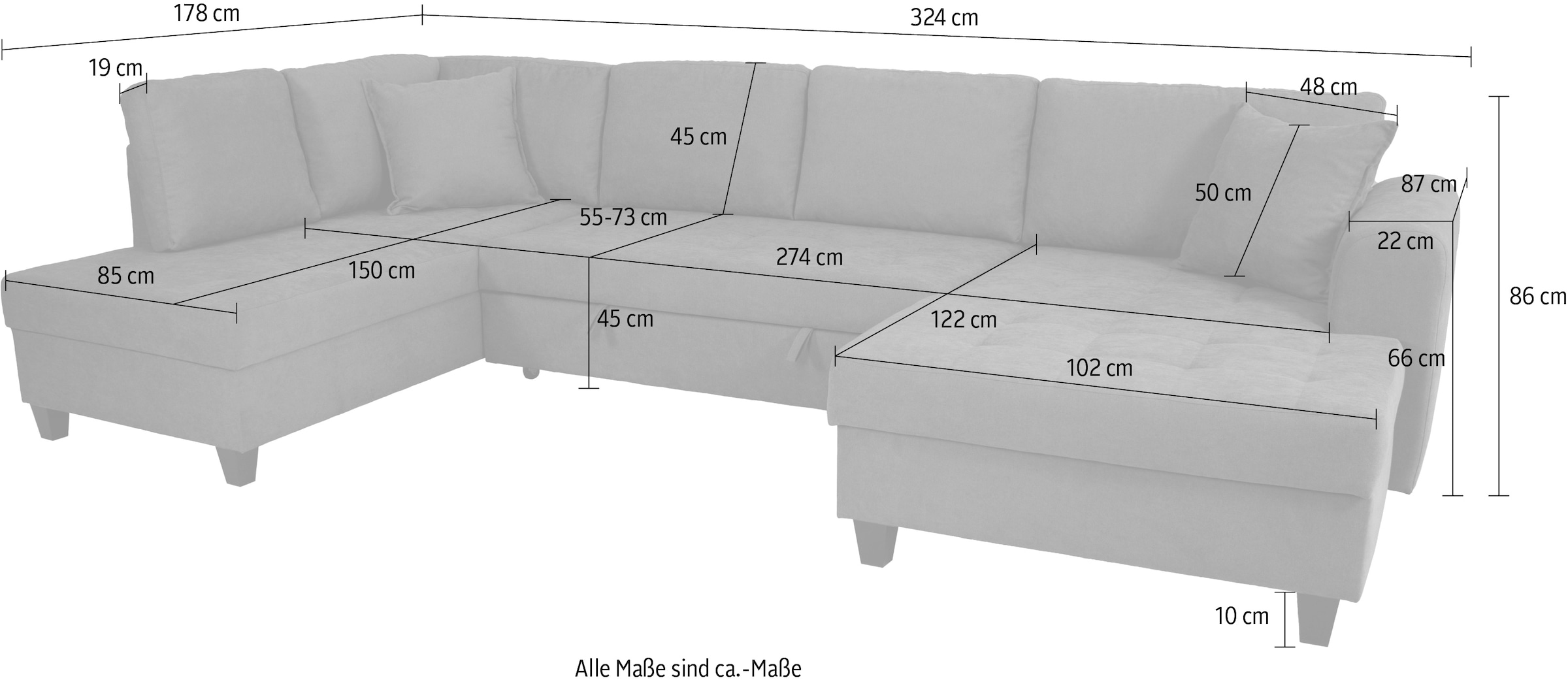 Trends by HG Paysage de salon »Moritz U-Form, B: 324 cm« mit Bettfunktion, Bettkasten & Zierkissen
