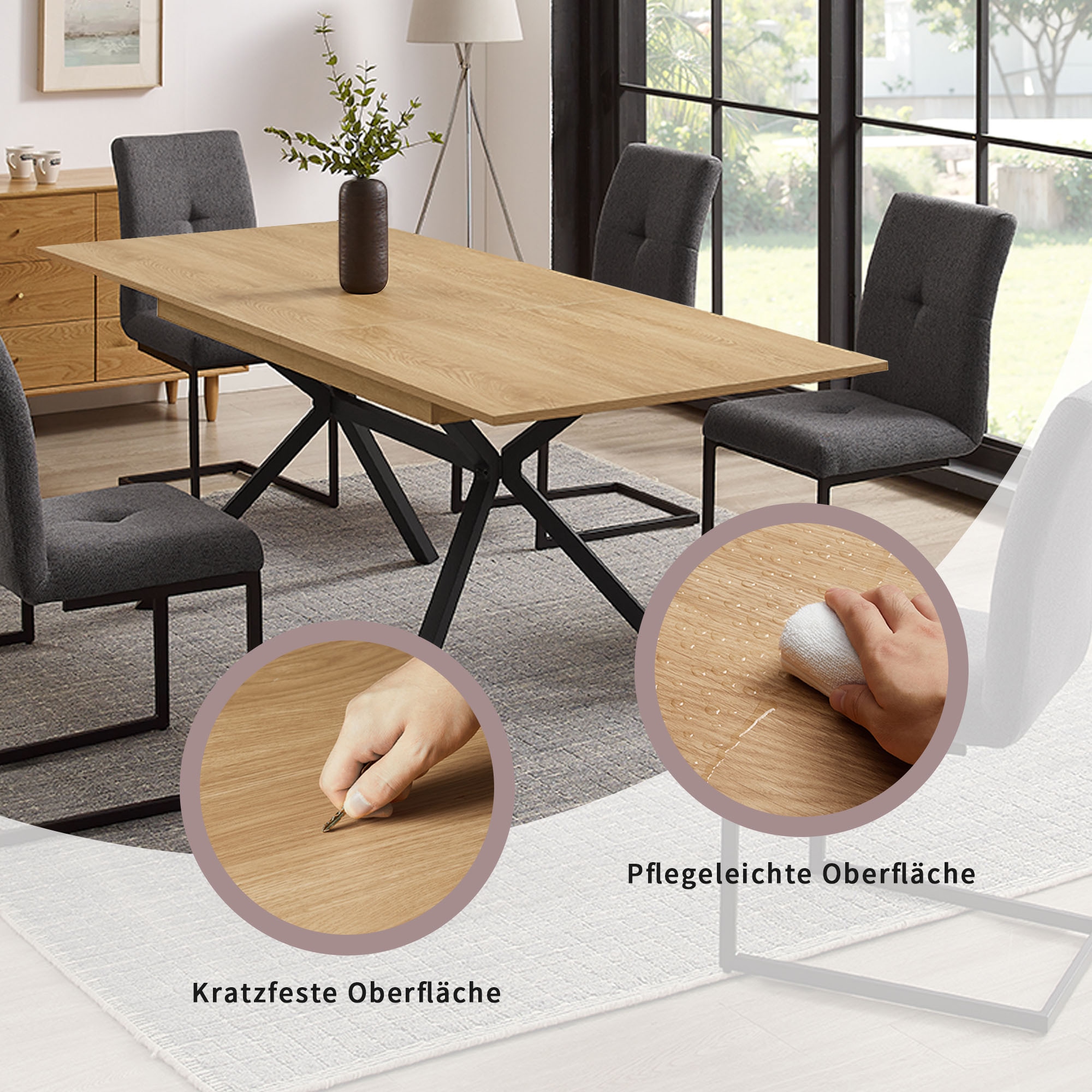 GOODproduct Essgruppe »Vendy, Esstisch ausziehbar plus 6 Freischwinger« Set, Esstisch ausziehbar 160 - 210 cm plus 6 Esszimmerstühle, 7 Stk. tlg. pflegeleichte Strukturstoff-Stühle, 3D-Steppung, ausziehbarer Tisch