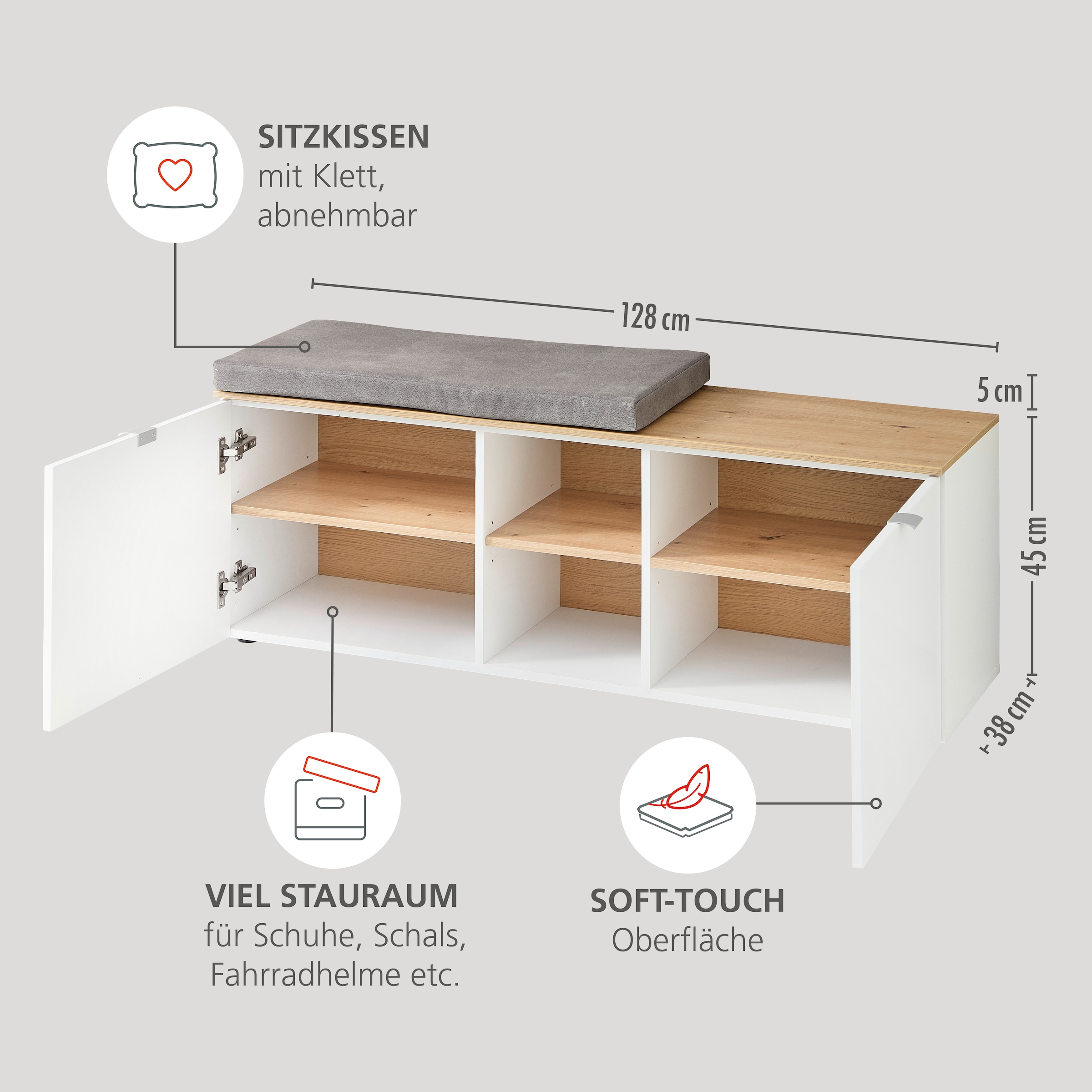 Innostyle Armoire à chaussures »Bari Schuhbank inkl. Sitzkissen, BxHxT 128x50x38 cm« 1 cuis tlg. 2 portes, 6 compartiments, fermeture douce, protection d’angle ABS