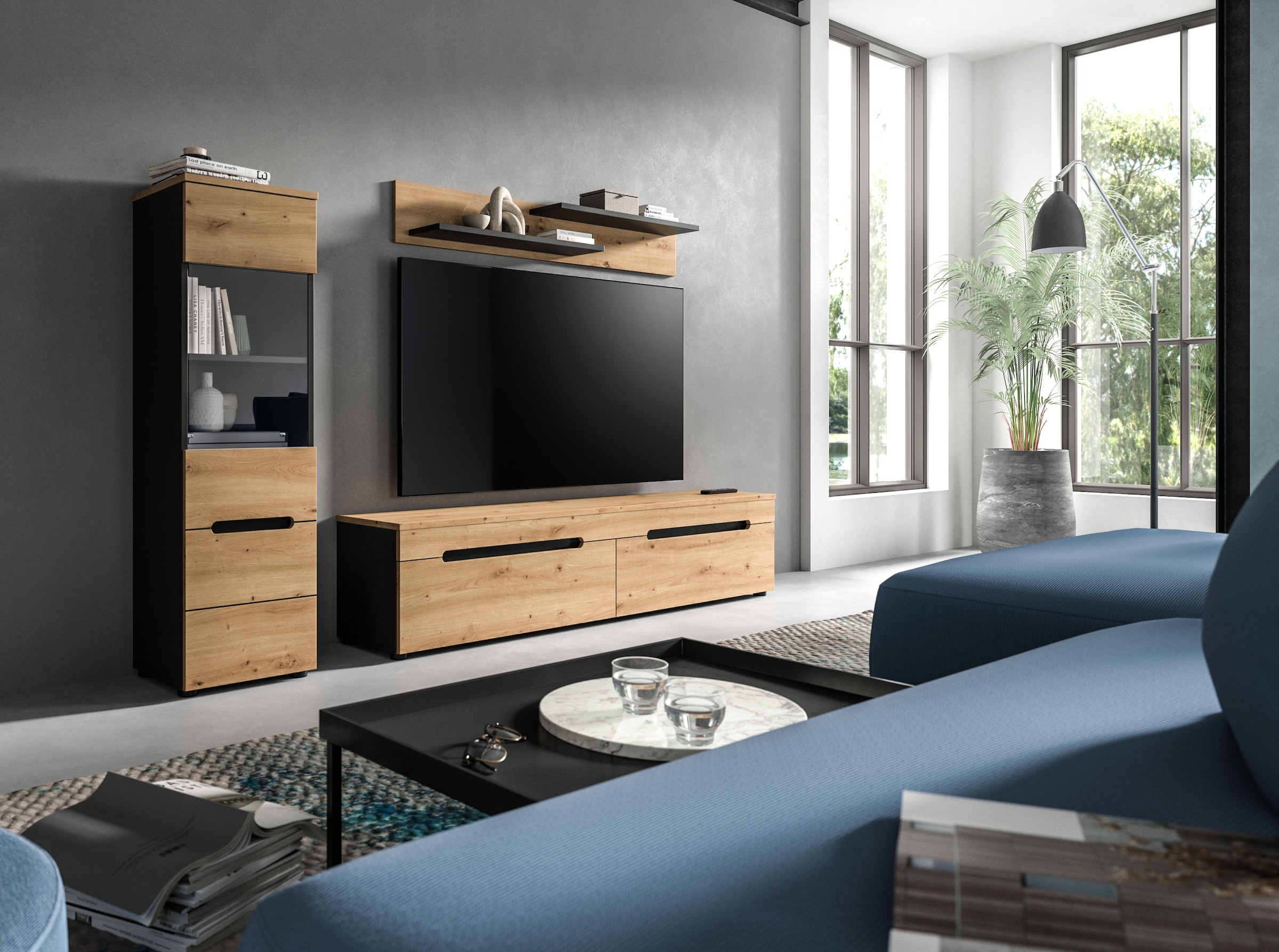 Home affaire Meuble mural »REHAT, TOPSELLER!, 3-teilig, wahlweise stehend und hängend montierbar« Set bestehend aus: Vitrine, Lowboard und Wandboard, 2 cuis tlg.