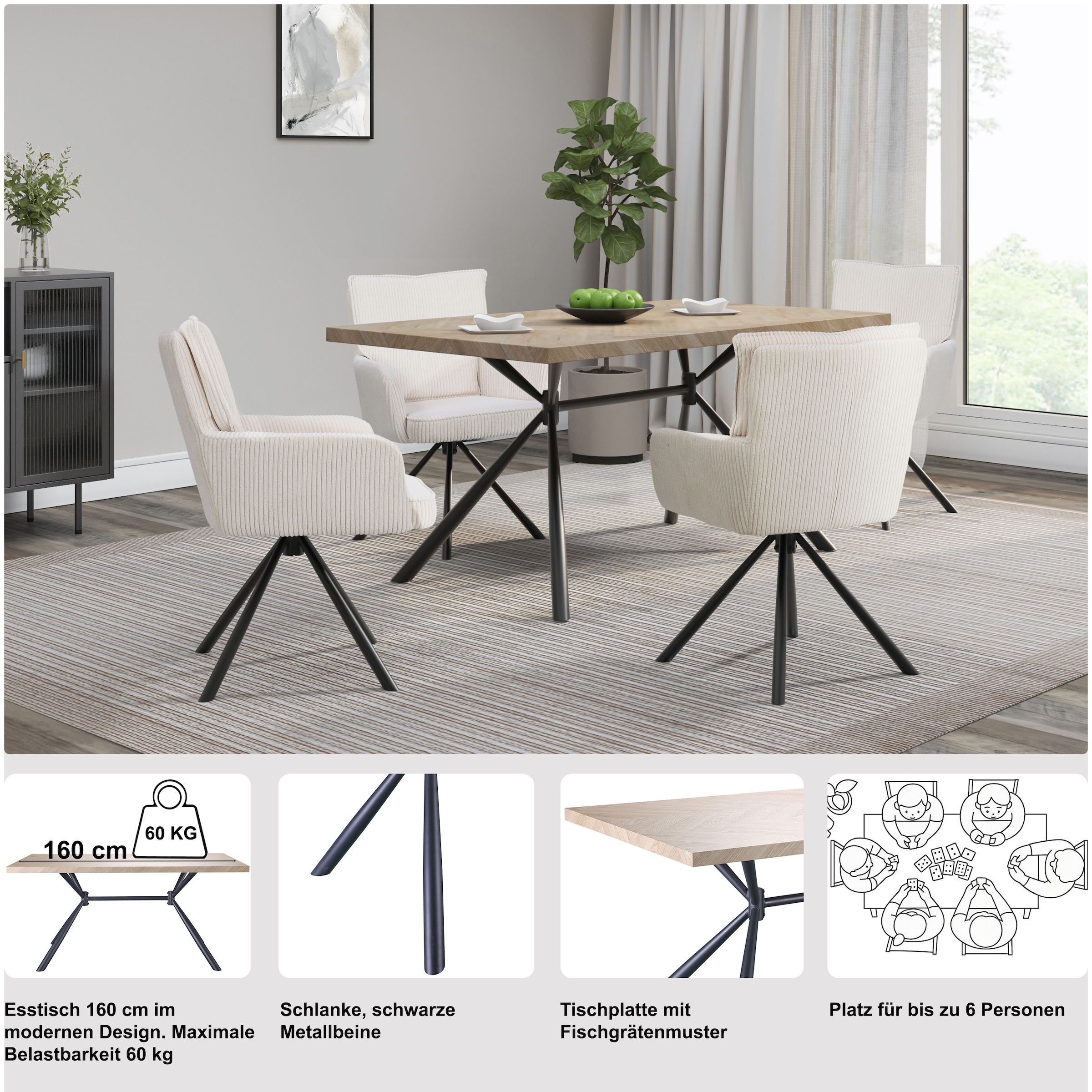 GOODproduct Table de salle à manger »Larchant« Tischplatte in Fischgrätoptik, schwarze Metallbeine, Höhe 76 cm