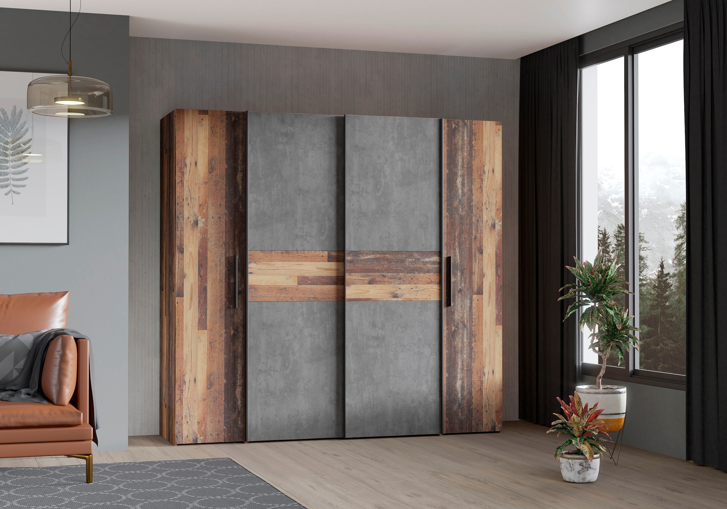 FORTE Armoires à vêtements »Kalixtus, Made in Europe« L/H/P env. 200x190x60 cm, 2 portes coulissantes, 2 portes battantes, 8 étagères,  combinaison de portes pivotantes et coulissantes, plusieurs couleurs