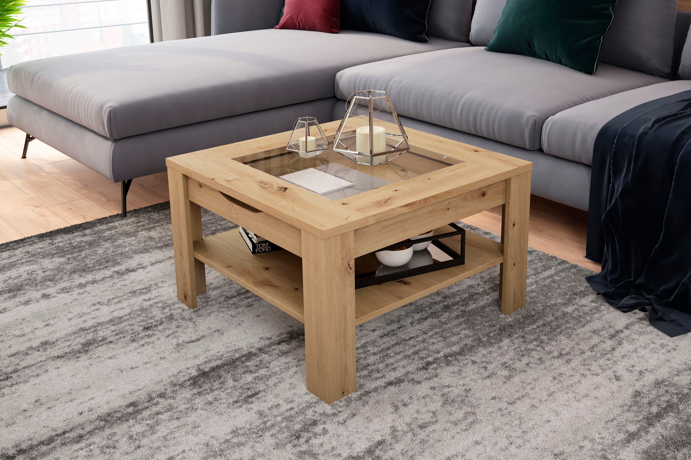 byLIVING Table basse »RALPH« Artisan Eiche, Old Wood oder weiss, 1 Schubkasten, Glaseinlageplatte
