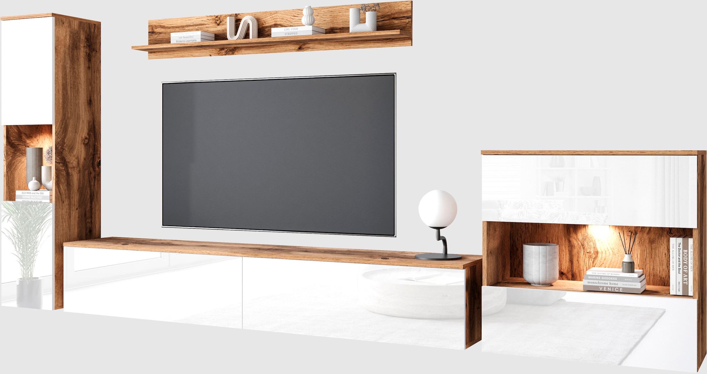 GOODproduct Wohnwand »PARIS, Vitrine Türanschlag links/rechts wechselbar« Komplett-Set, 4 Stk. tlg.