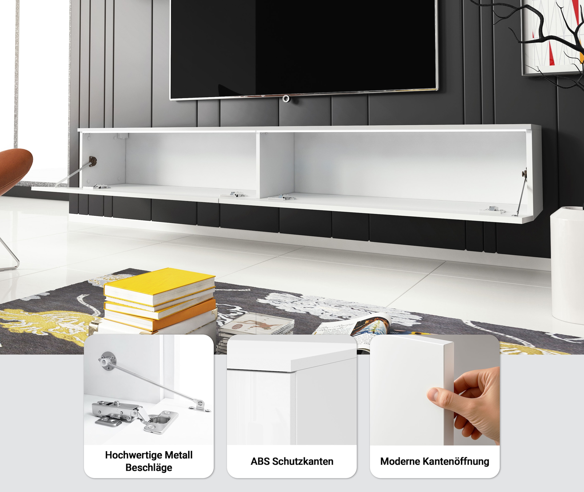 Home affaire Lowboard »LOWBOARD VERA, wahlweise mit oder ohne Beleuchtung« Modernes griffloses TV-Board, 180 cm TV-Schrank, stehend und hängend