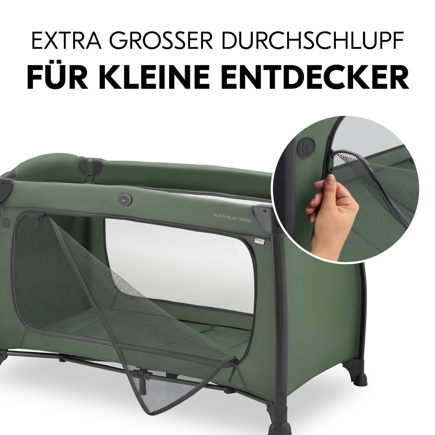 Hauck Baby-Reisebett »Play N Relax Center, darkgreen« inkl. Neugeboreneneinhang, Wickelmulde, Ausstieg, Räder