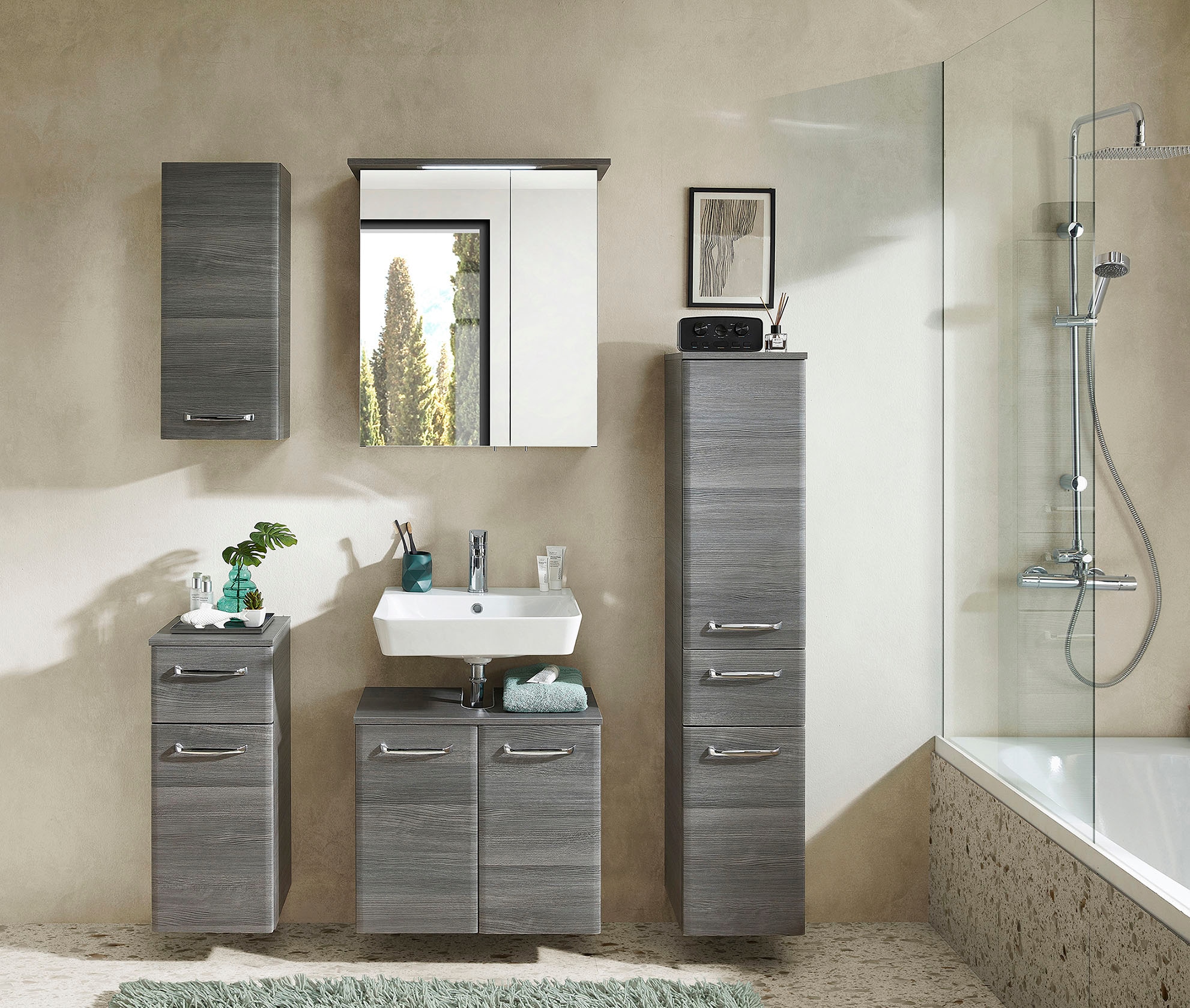 Saphir Armoire sous lavabo »Quickset Unterbeckenschrank mit 2 Türen, Siphonausschnitt, 60 cm breit« Armoire sous lavabo avec amortisseur de porte, poignées chromées brillantes