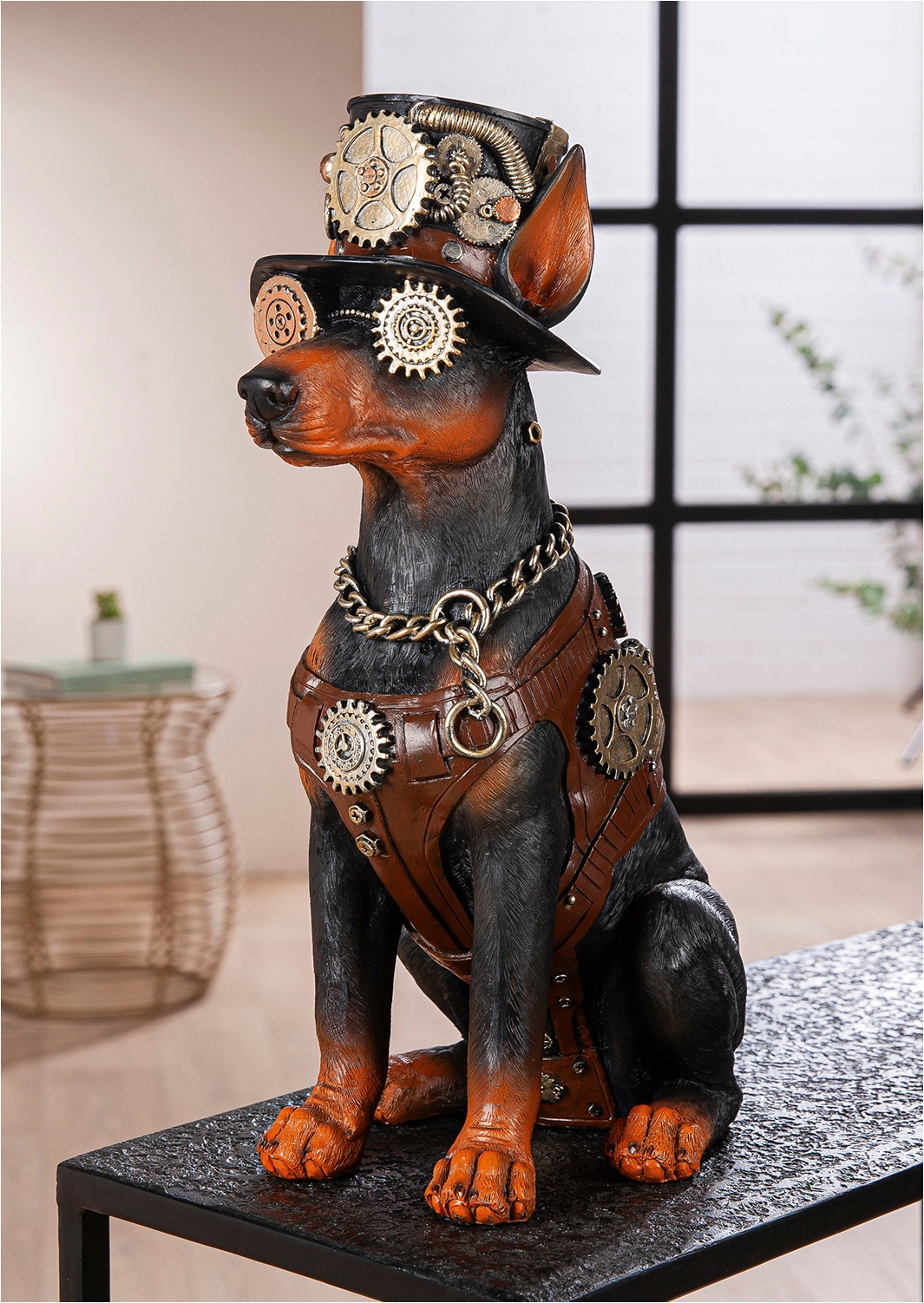 GILDE Skulptur »Figur Dobermann Steampunk Doberman« Dobermann Hundeskulptur Steampunk-Stil Zahnräder Hut Fantasiefigur
