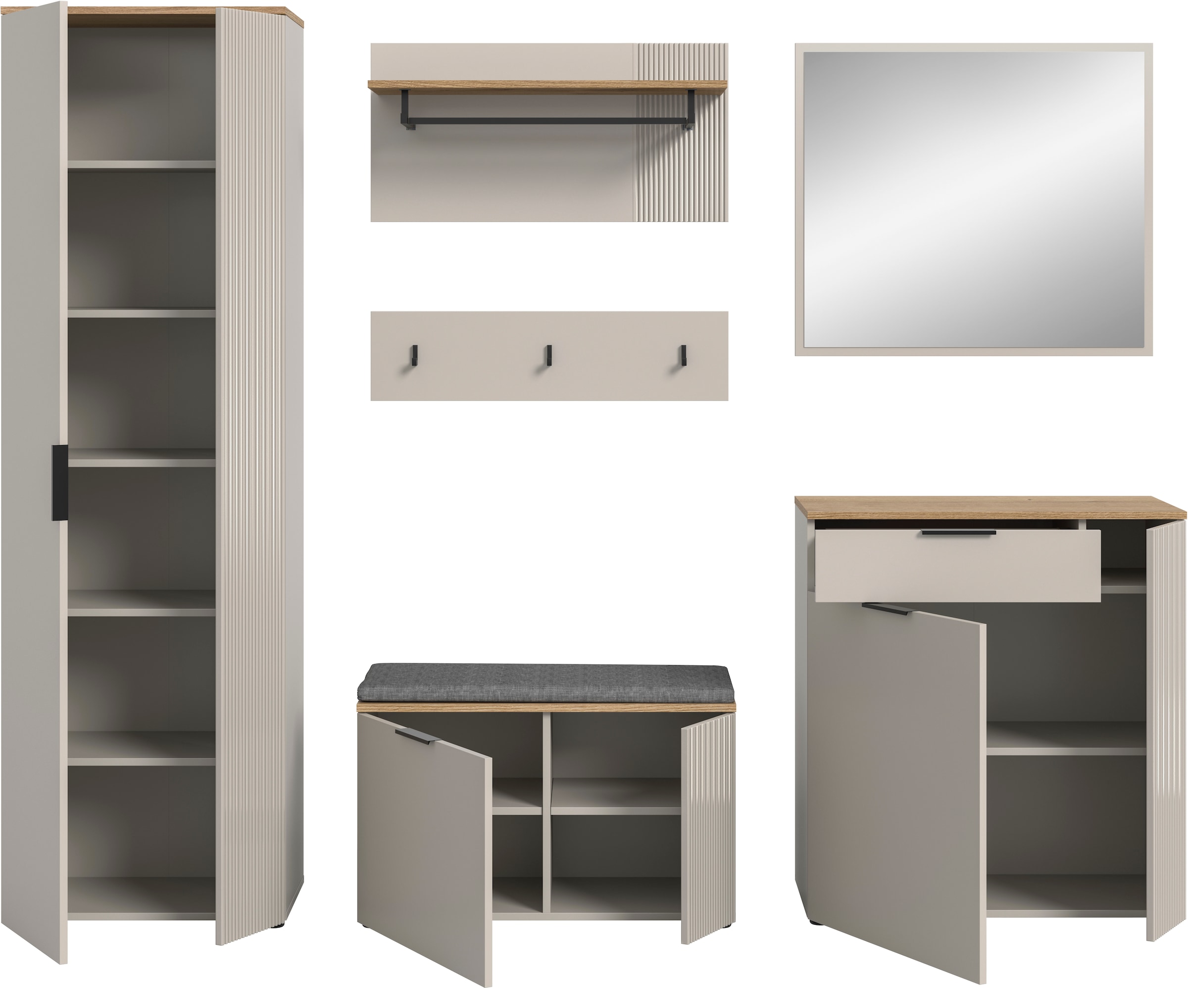 Home affaire Ensemble de vestiaires »EDIL, Breite 250 cm, 6-teilig, Front mit hochwertiger Längstfräsung« Set, Hochschrank, Sitzbank, Kissen, Paneel, Hakenleiste, Kommode & Spiegel, 6 cuis tlg.