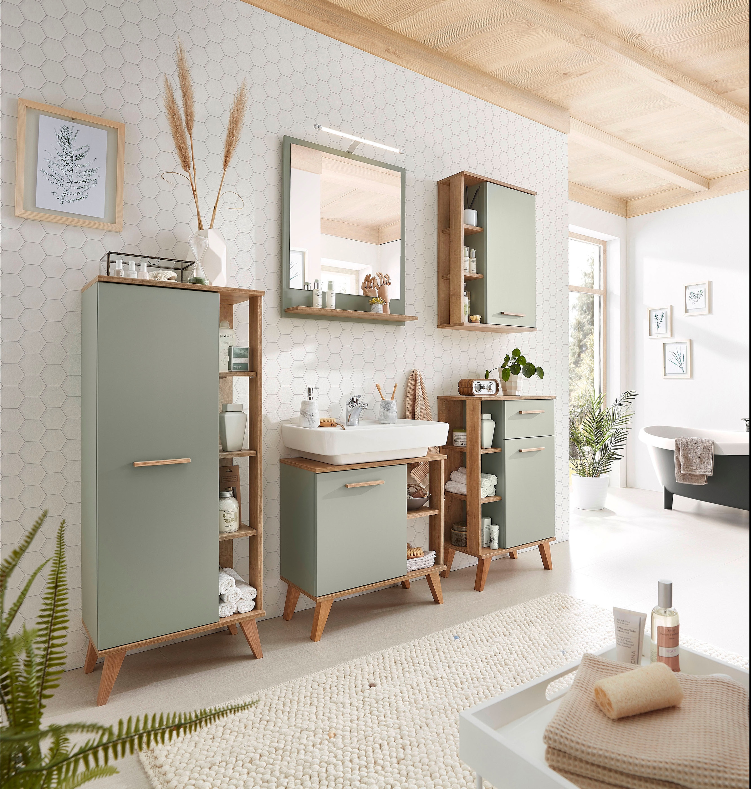 Saphir Badspiegel »Quickset 963 Spiegel mit Ablage, 60 cm breit, 74,5 cm hoch« Flächenspiegel Salbei Nachbildung, Riviera Eiche quer Nachbildung