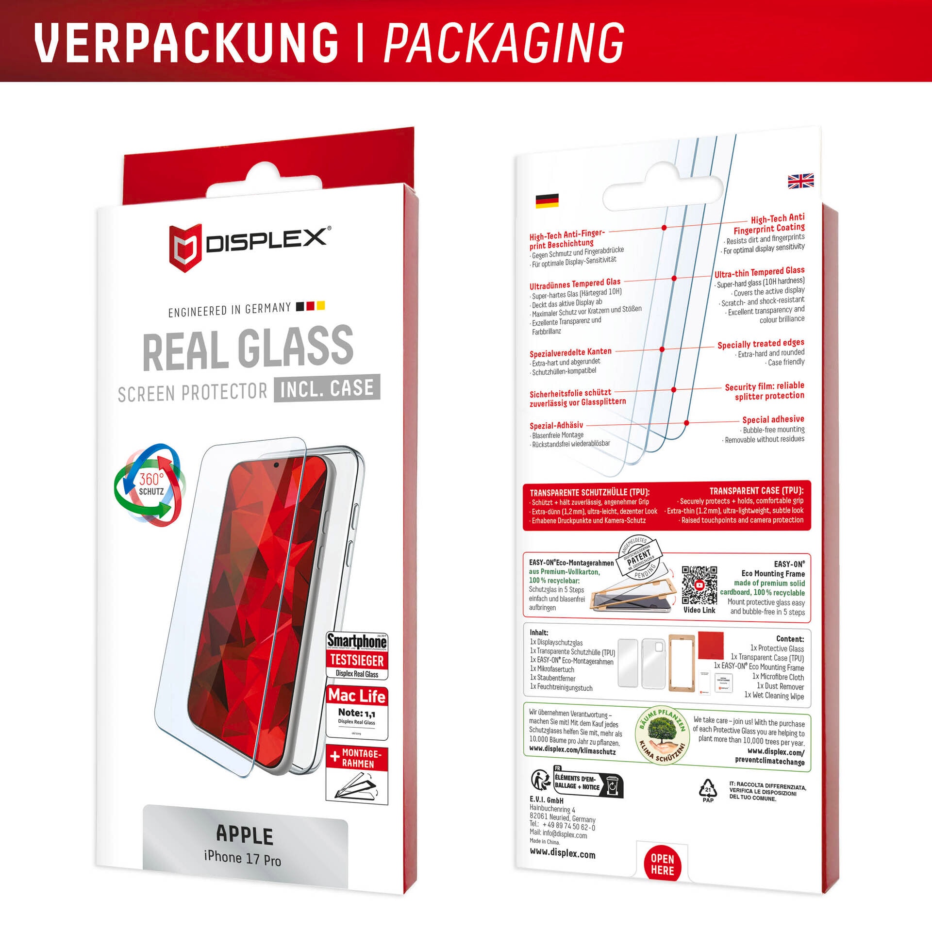 Displex Verre de protection d'écran »Real Glass Screen Protector inkl. Case« für Apple iPhone 17 Pro Displayschutzfolie, Schutzfolie, Bildschirmschutz, kratz- & stossfest