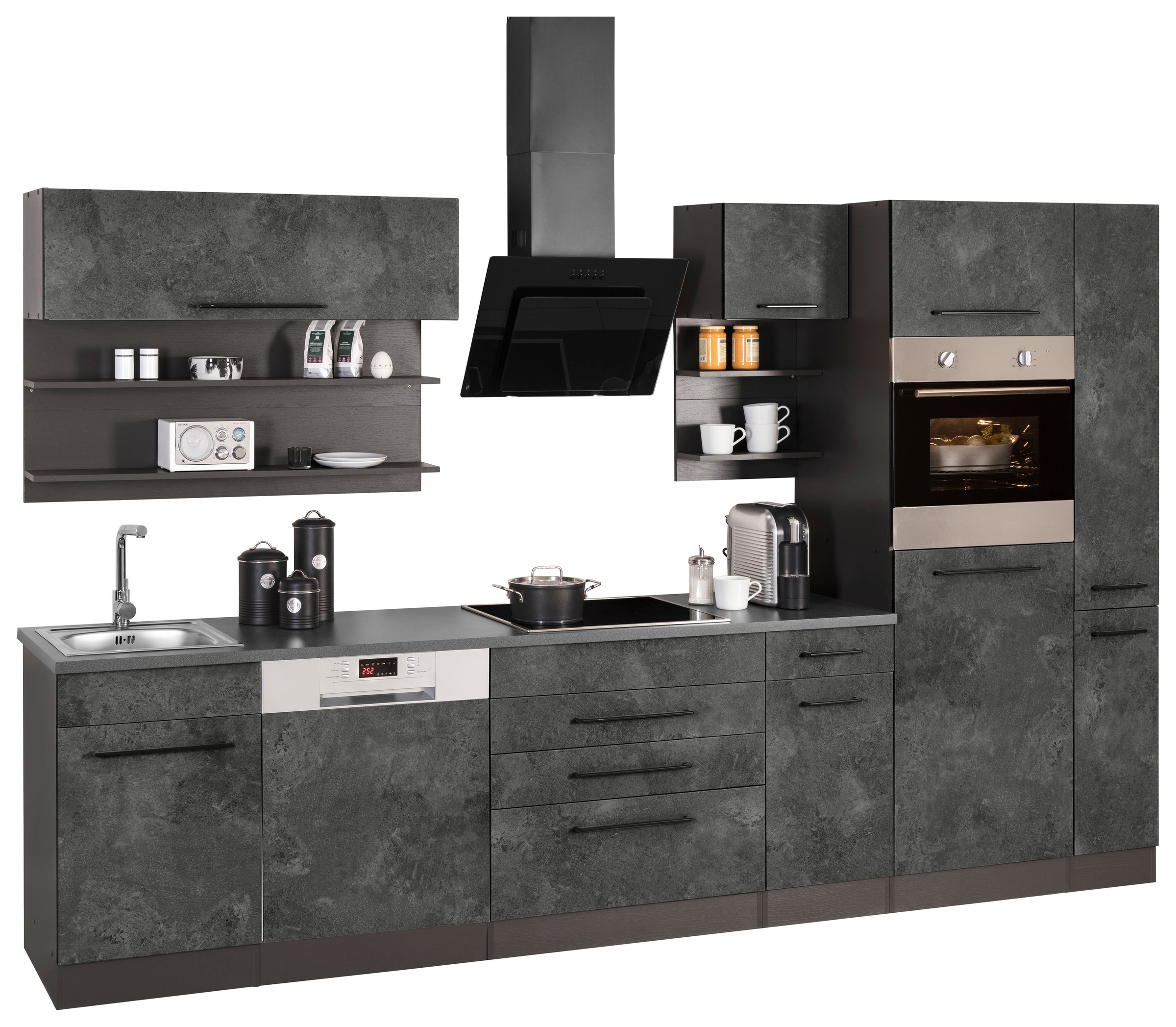 KOCHSTATION Küchenzeile »KS-Tulsa« ohne E-Geräte, Breite 320 cm, schwarze Metallgriffe, MDF Fronten