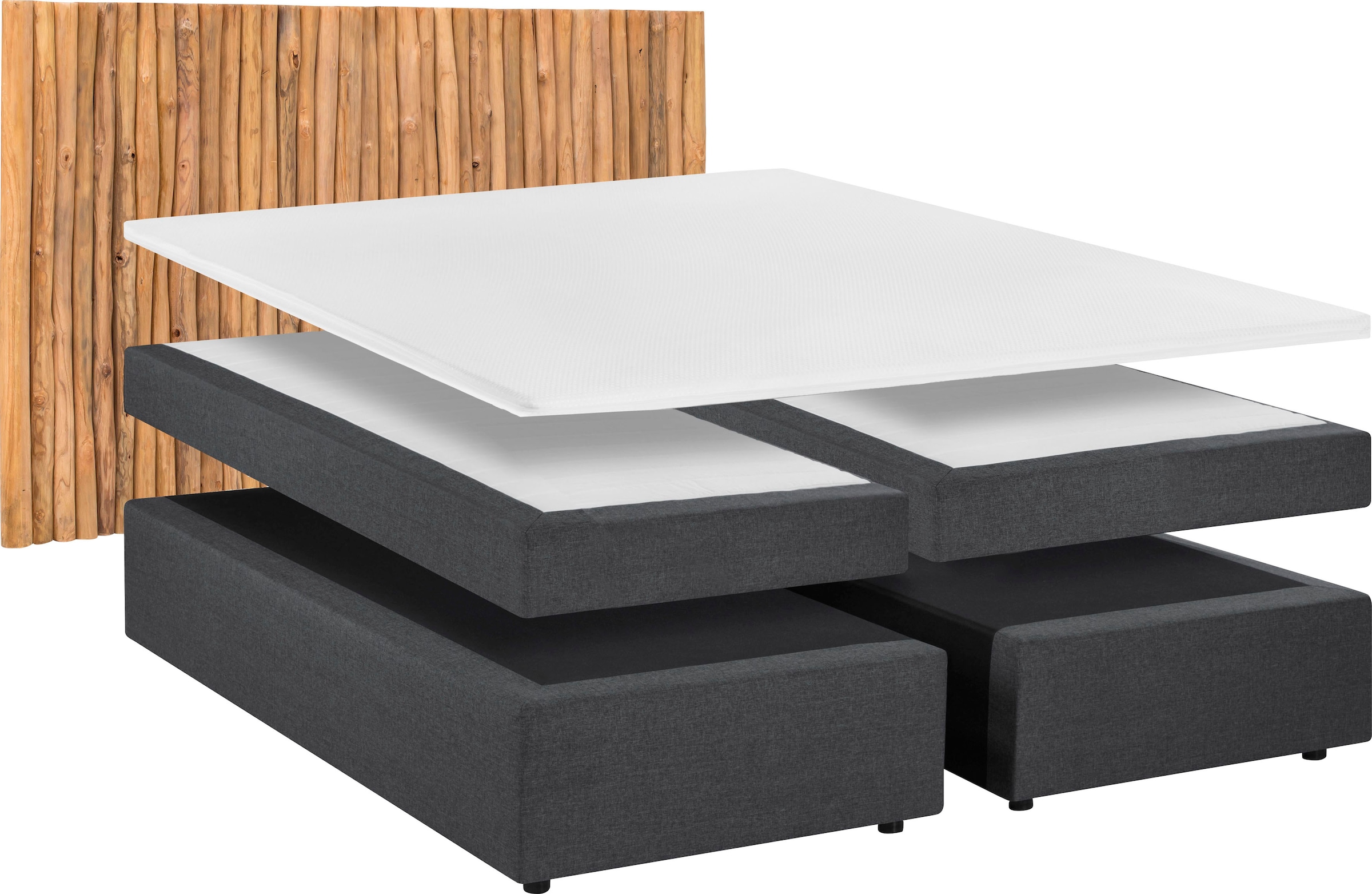 SIT Lit boxspring »Savigliano 180x200 cm mit Teakholz-Kopfteil und Topper« Tête de lit naturelle faite de véritables branches de teck avec confort boxspring
