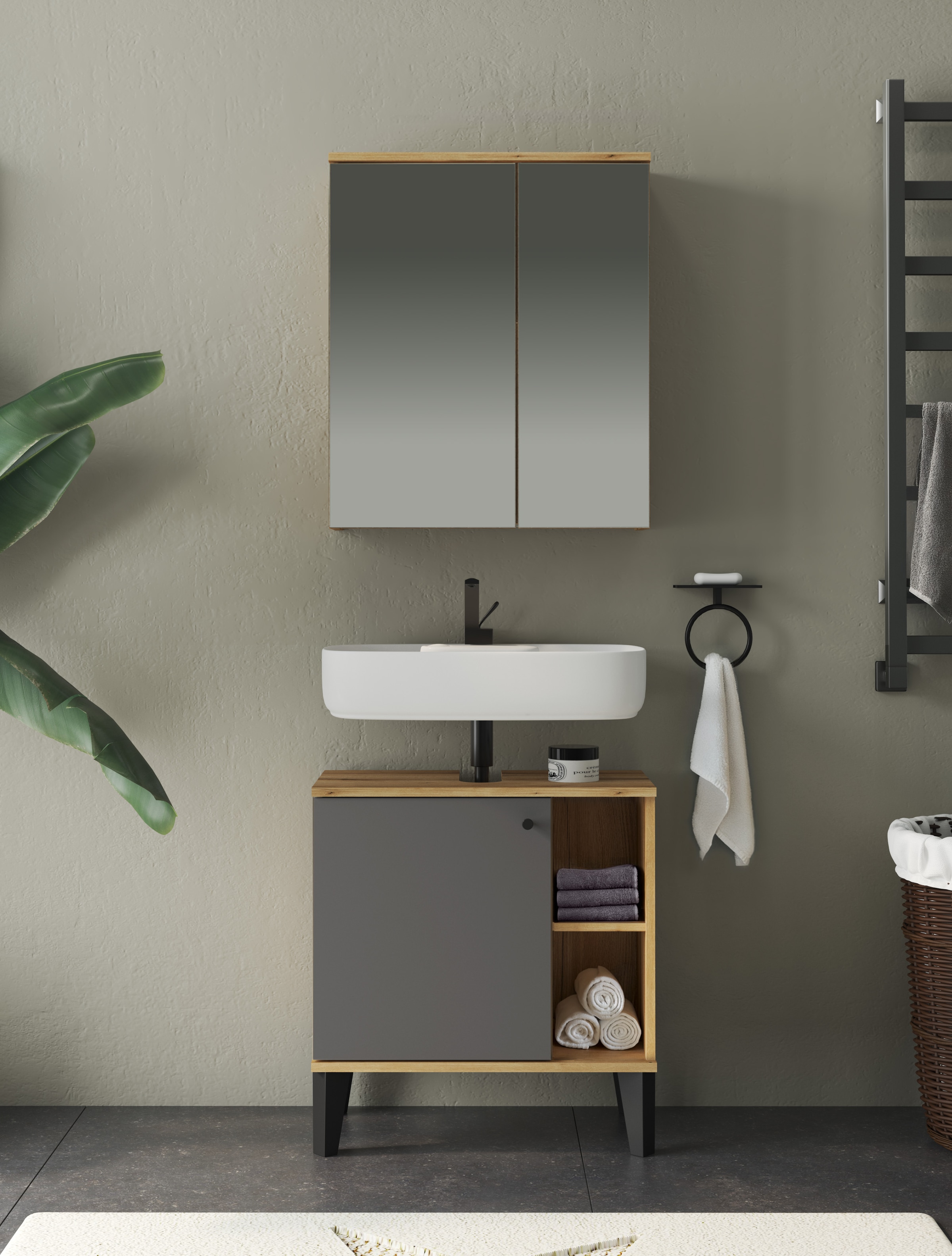 INOSIGN Waschbeckenunterschrank »Oslo, Waschtisch mit Knopfgriff, Badschrank im skandinavischen Design« in der Türfarbe Weiss oder Grau verfügbar, ausreichend Stauraum