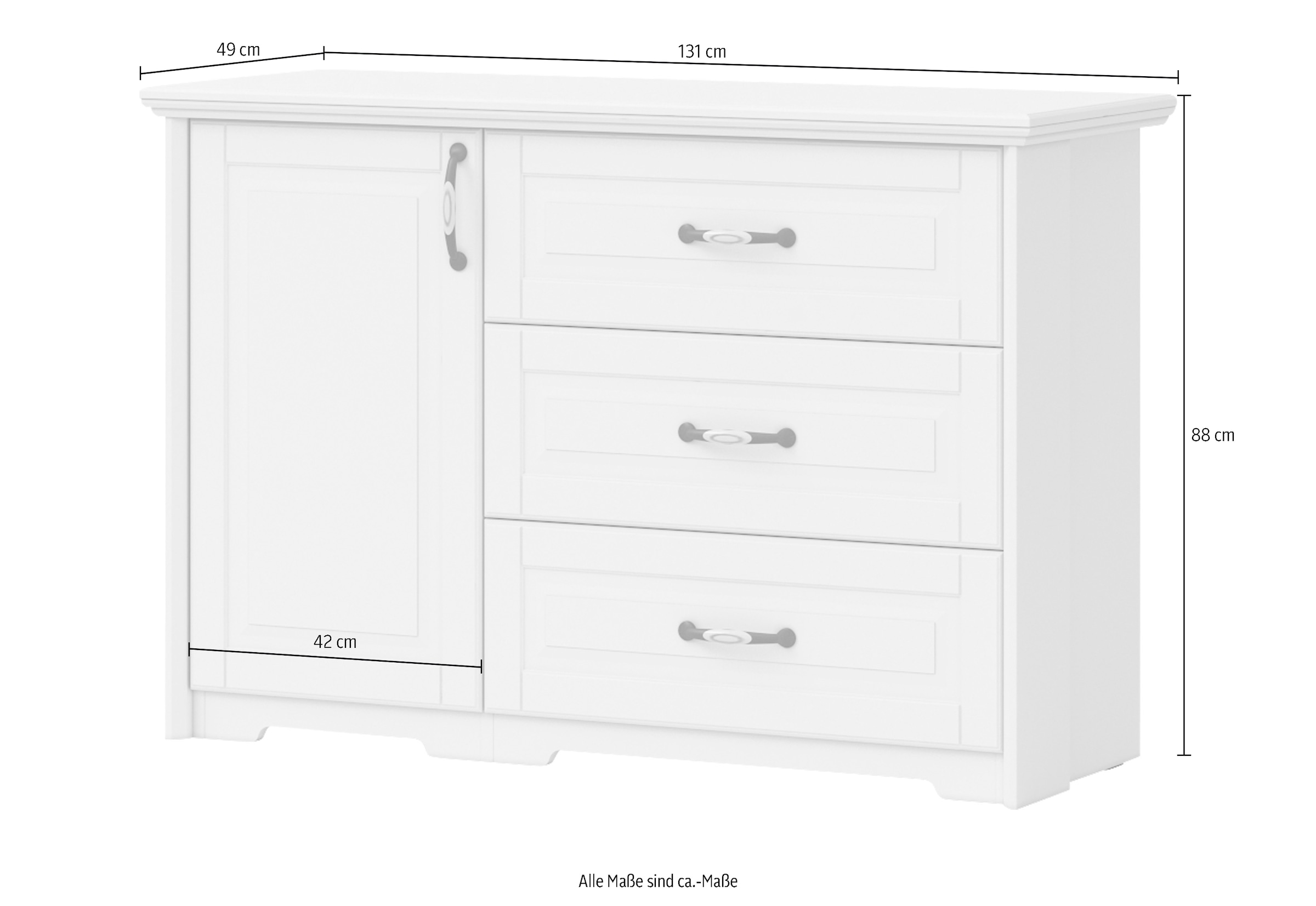 GOODproduct Kombikommode »Evergreen, Masse: B/T/H 131/48/88cm, Soft-Close-Funktion« 1-türig und 3 Schubladen,  im klassischen Landhausstil,FSC-zertifiziert,hochwertige UV Lackierung