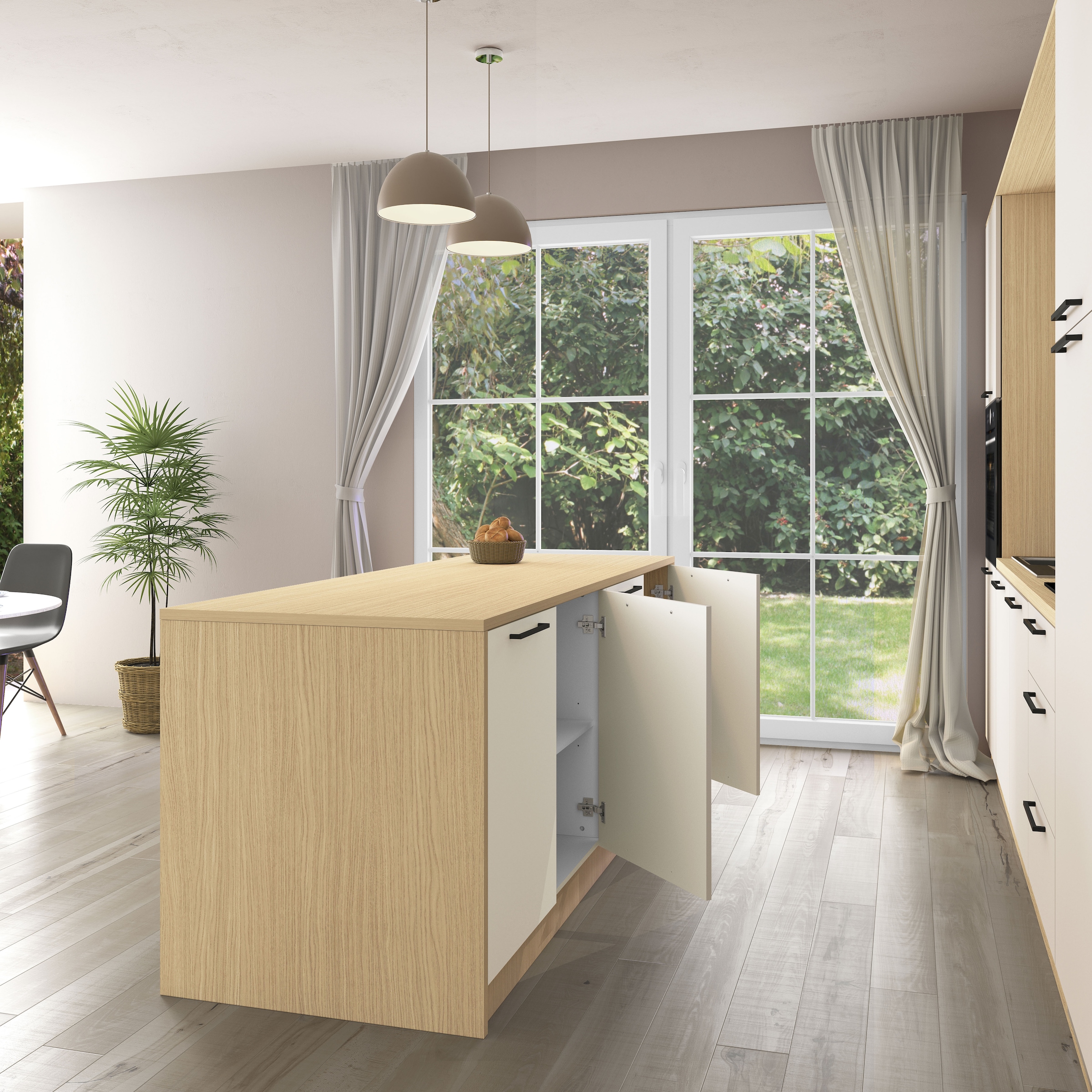 KOCHSTATION Ilot de cuisine »KS-Luna« largeur 225 cm, 4 portes, 8 compartiments intérieurs, 4 places assises, portes amorties