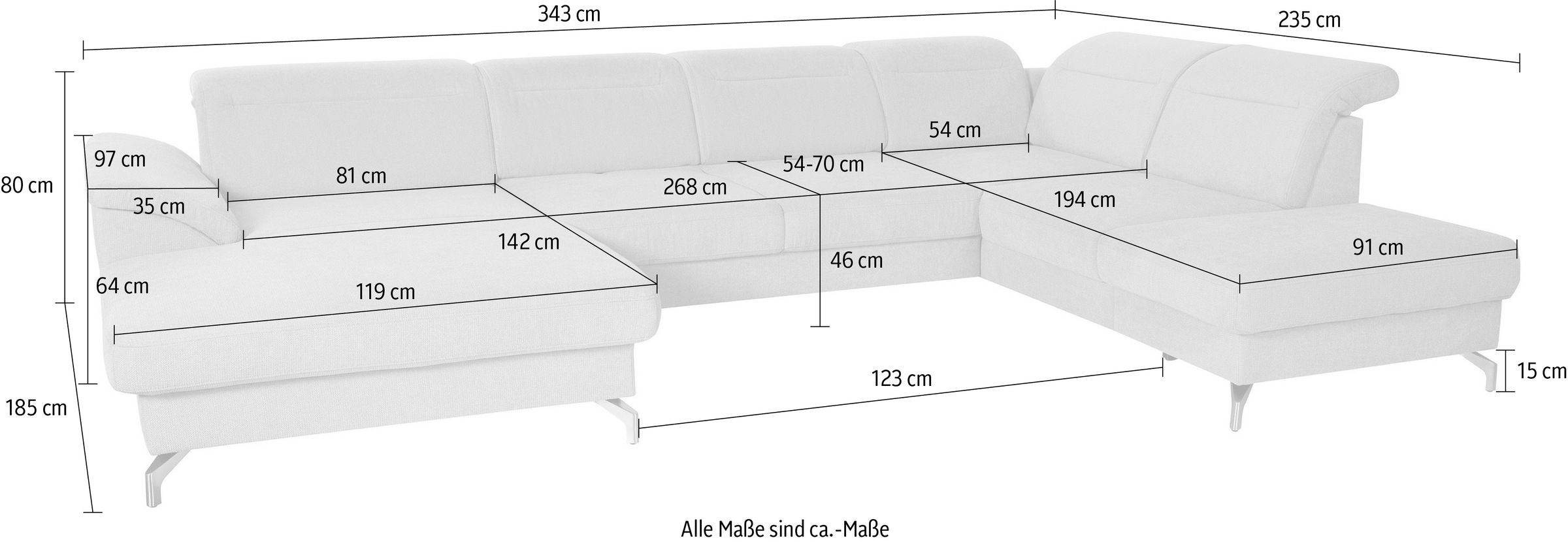 sit&more Paysage de salon »Percy U-Form« 12 cm Fusshöhe, Sitztiefenverstellung, wahlweise in 2 Fussfarben