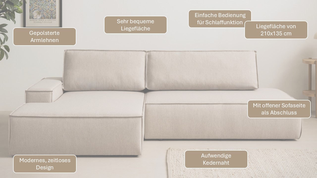Home affaire Ecksofa »SHERWOOD,  Schlafsofa in L-Form offen (275cm), Cord, Leinenoptik« Schlaffunktion und Bettkasten, Kedernaht, hoher Sitz- & Liegekomfort,