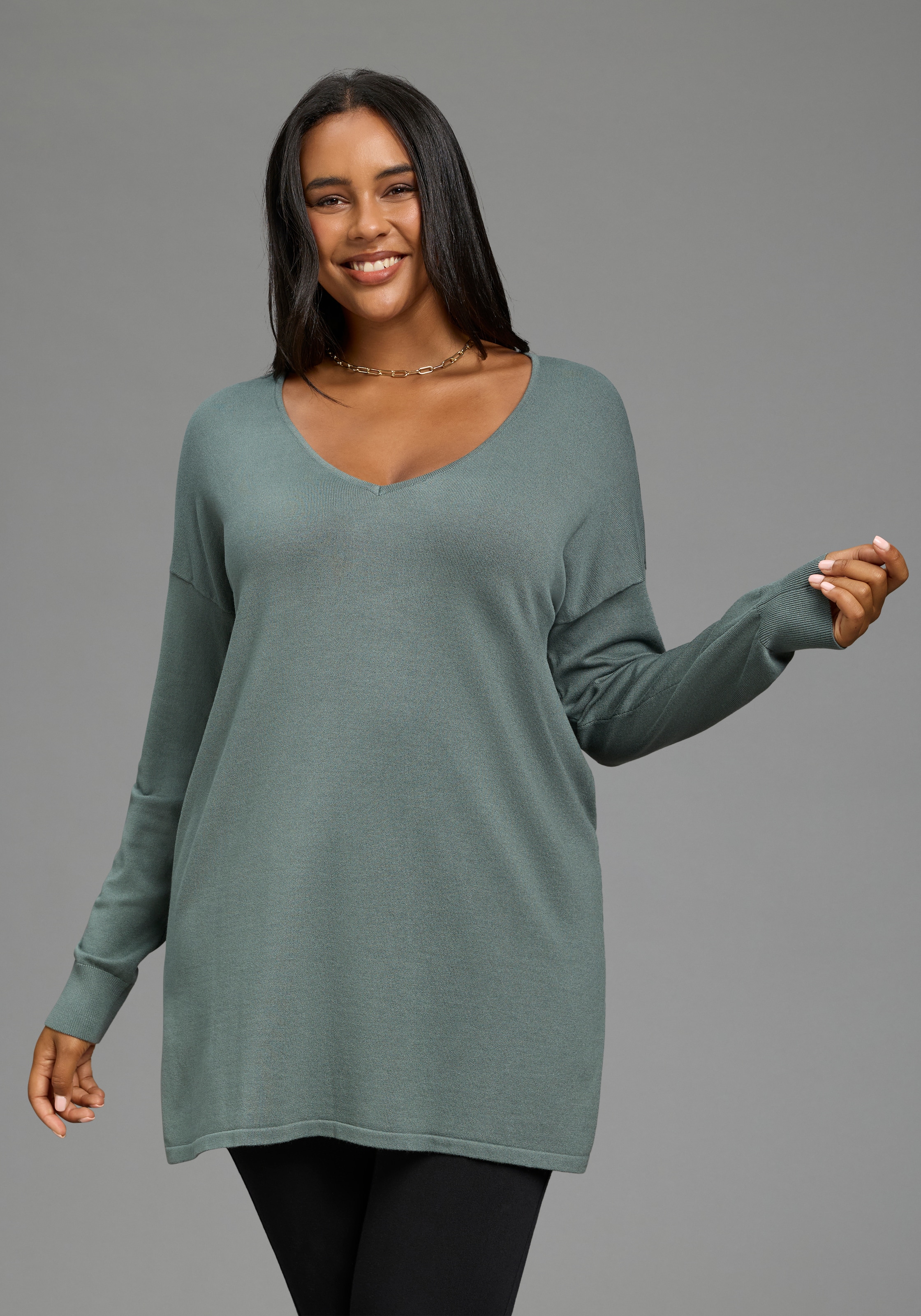 Laura Scott CURVE Pull long »Grosse Grössen« en maille fine fluide avec joli col en V